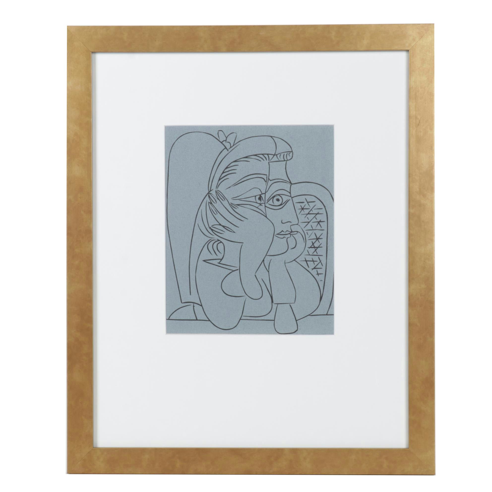 Pablo Picasso Linoleum Cut "Female Head With Supporting Arms," 1962