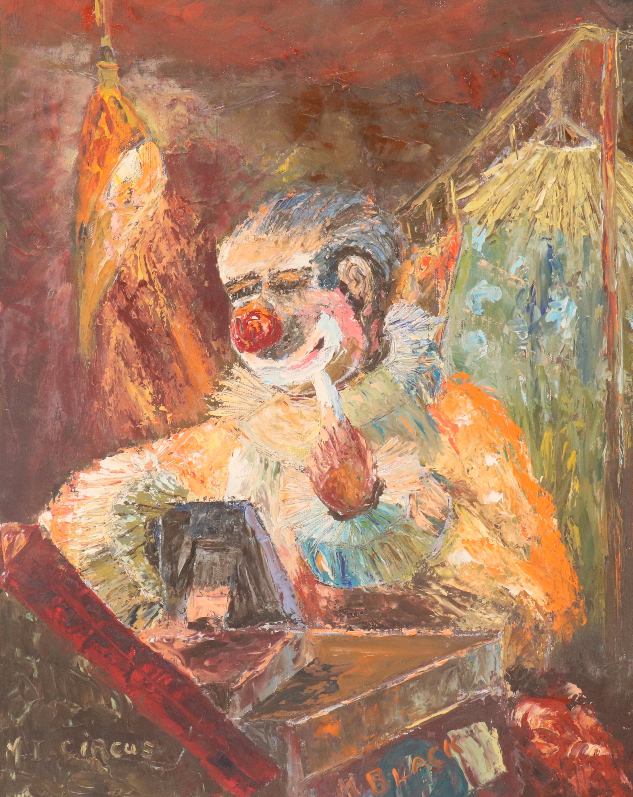 M. Black Impasto Oil Clown Portrait Painting