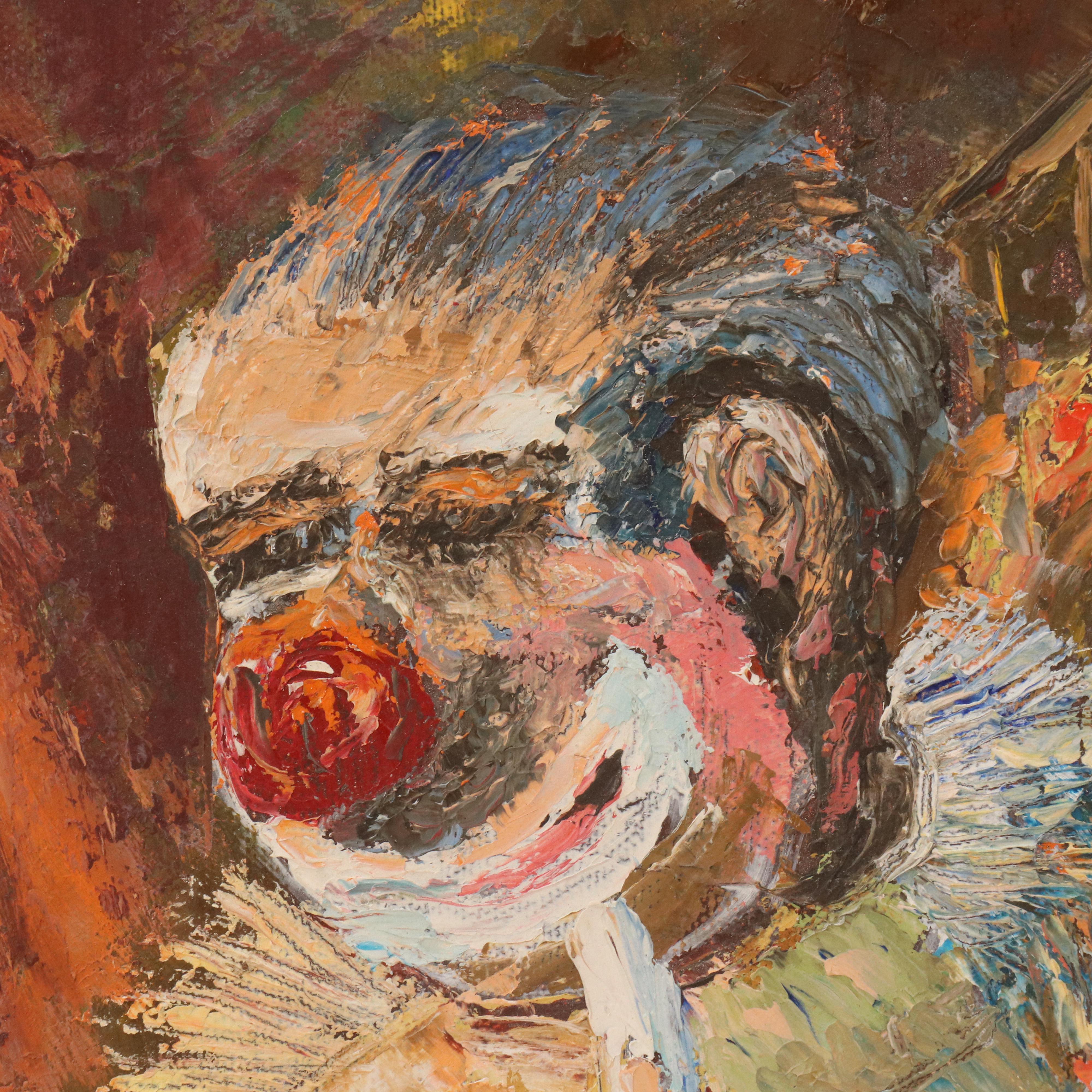 M. Black Impasto Oil Clown Portrait Painting