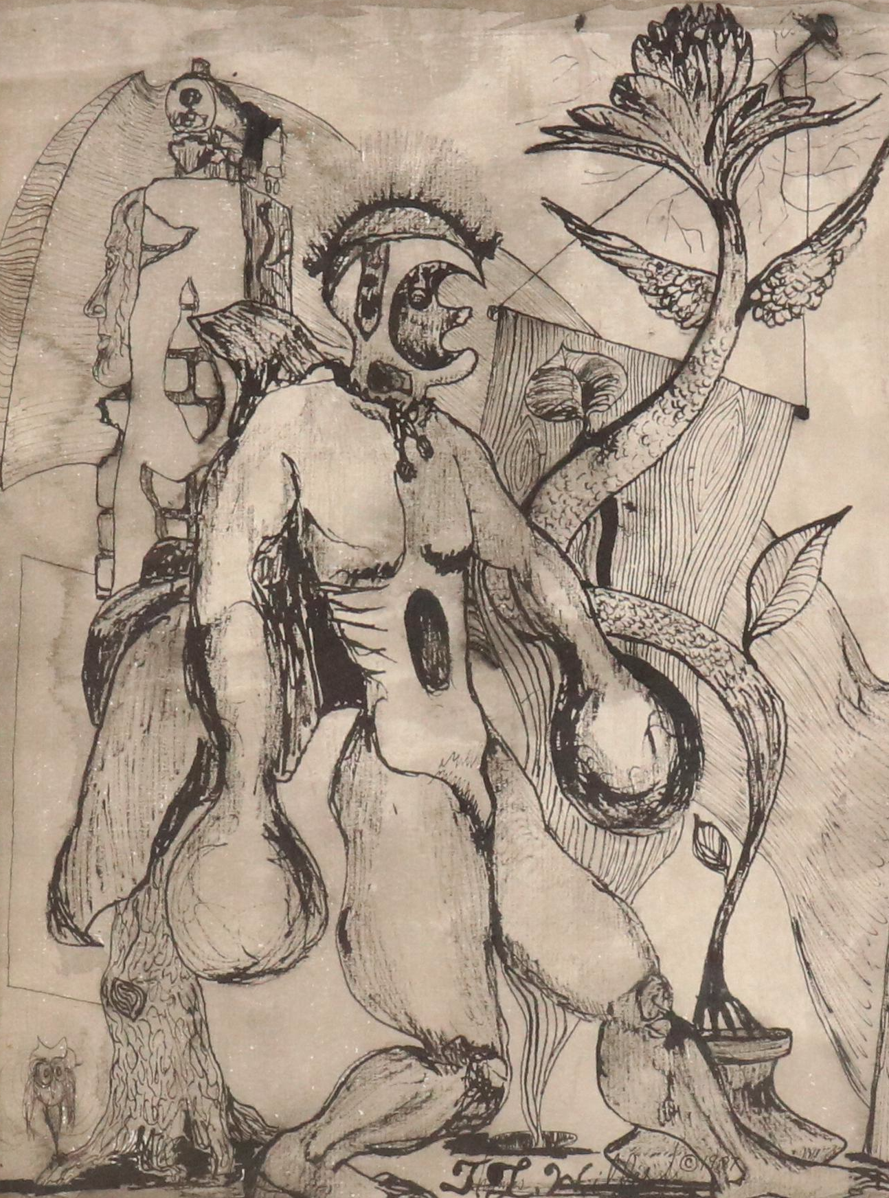 Thomas L. Willis Jr. Surrealist Ink Drawing, 1987
