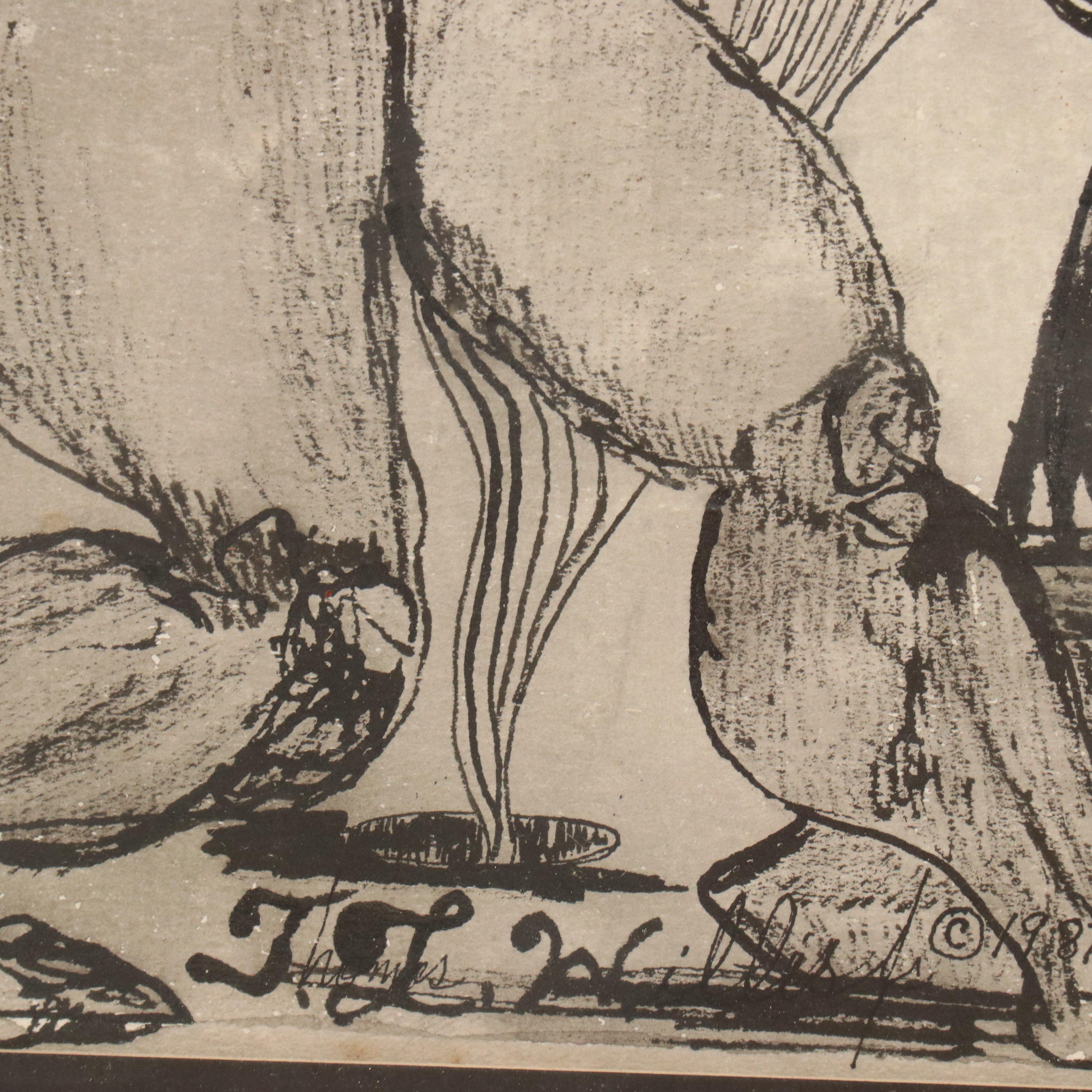 Thomas L. Willis Jr. Surrealist Ink Drawing, 1987