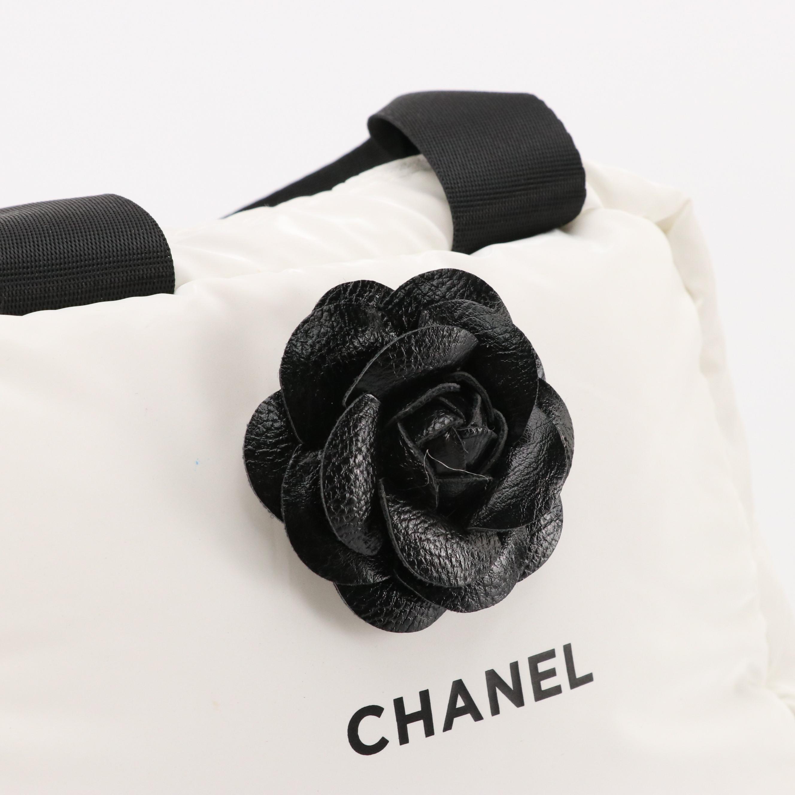 Chanel Parfums Promotional White Puffer Handle Zip Pouch with Camellia Flower