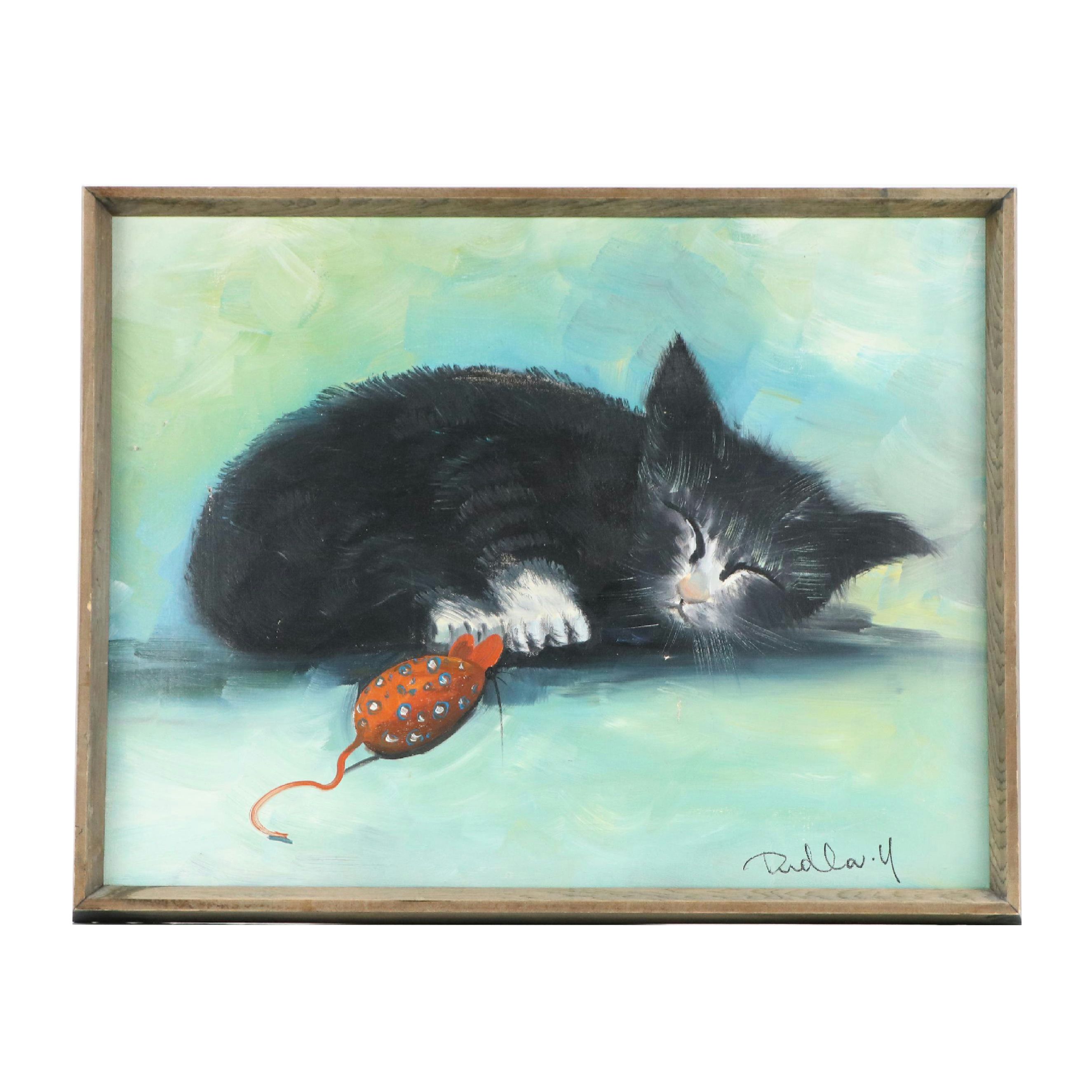 Sleeping Cat with Mouse Toy, 21st Century