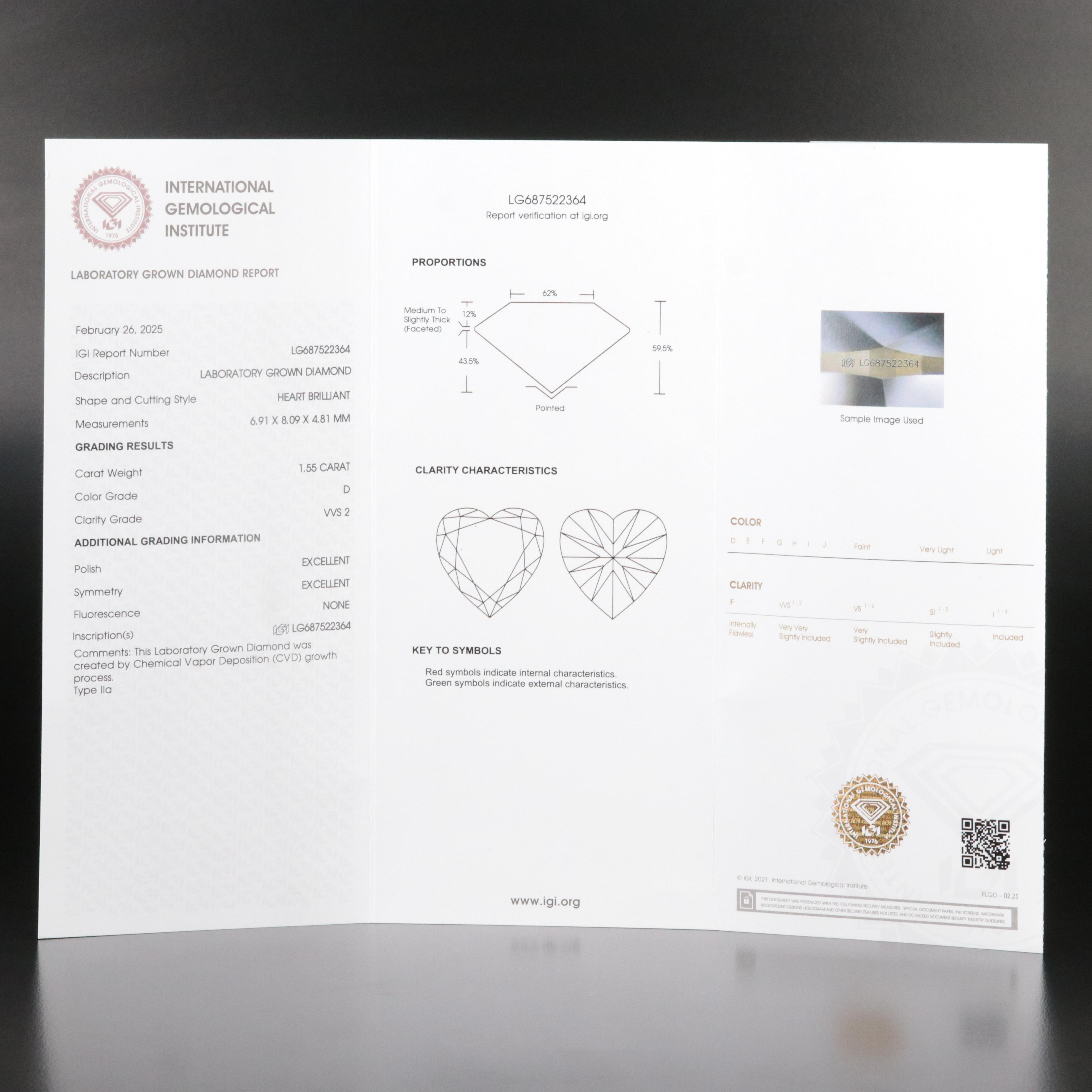Loose 1.55 CT Lab Grown Diamond with IGI Report