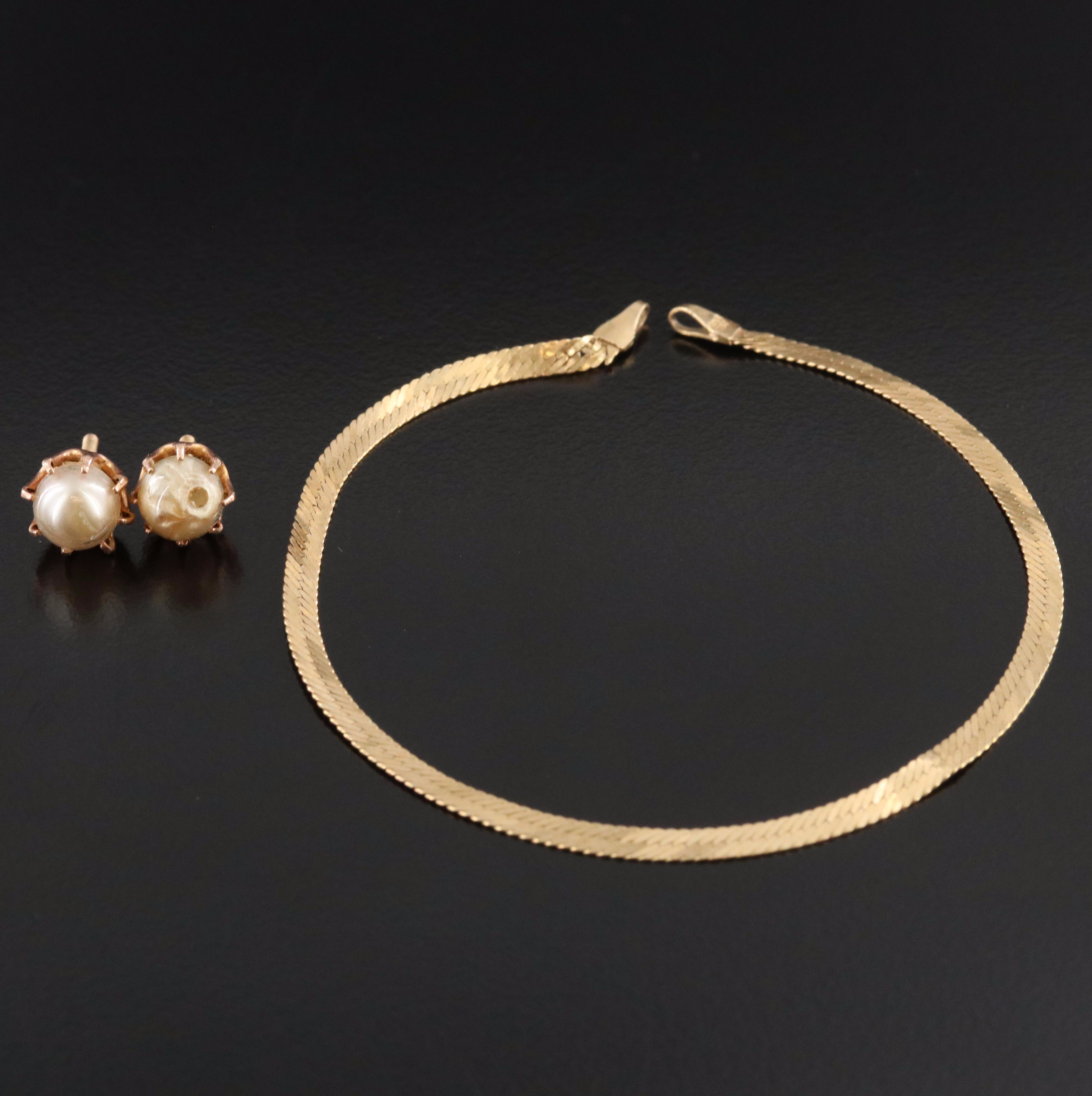 Vintage 10K Faux Pearl Stud Earrings with 14K Scrap