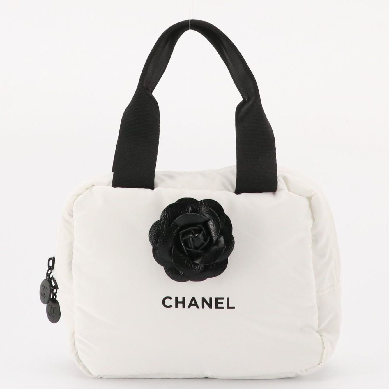 Chanel Parfums Promotional White Puffer Handle Zip Pouch with Camellia Flower