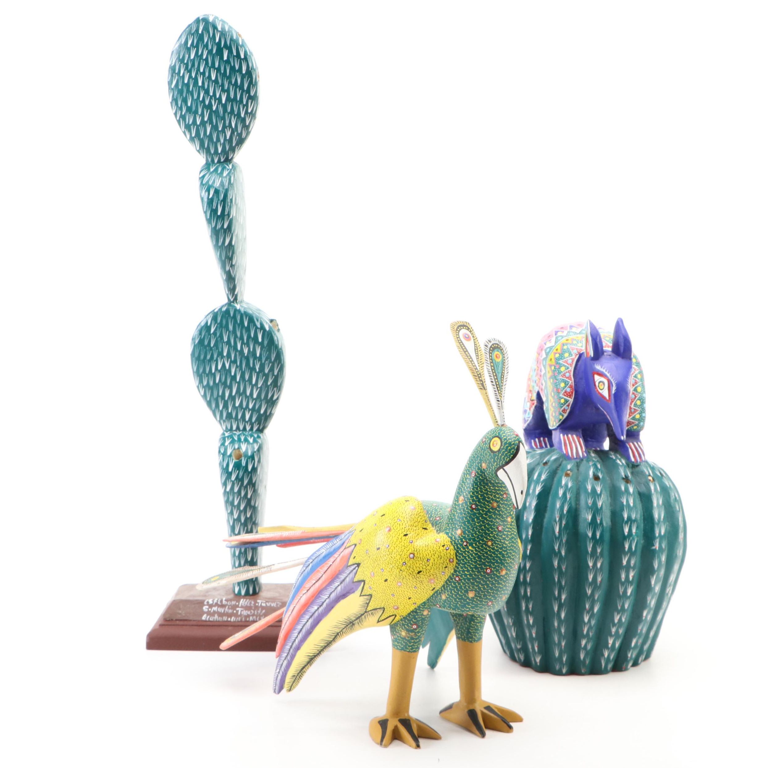 Oaxacan Alebrijes Bird, Armadillo on Cactus and Pad Cactus Sculptures