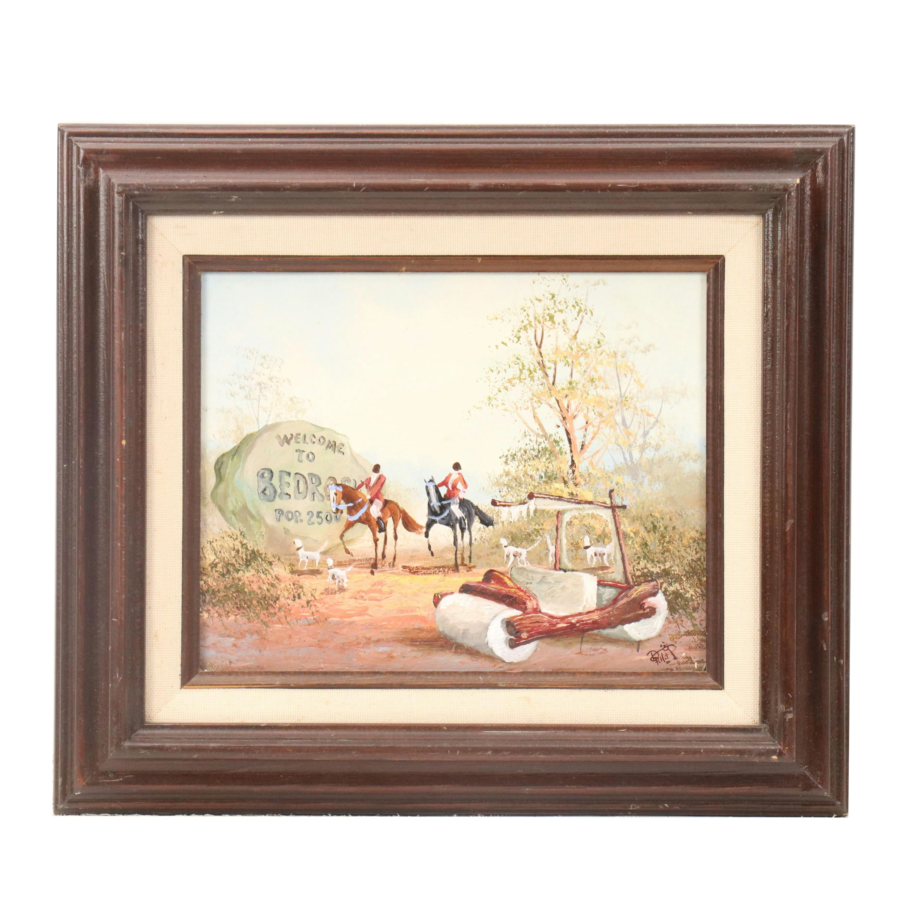 Dave Pollot Oil Painting of English Fox Hunt Party Discovering Town of Bedrock