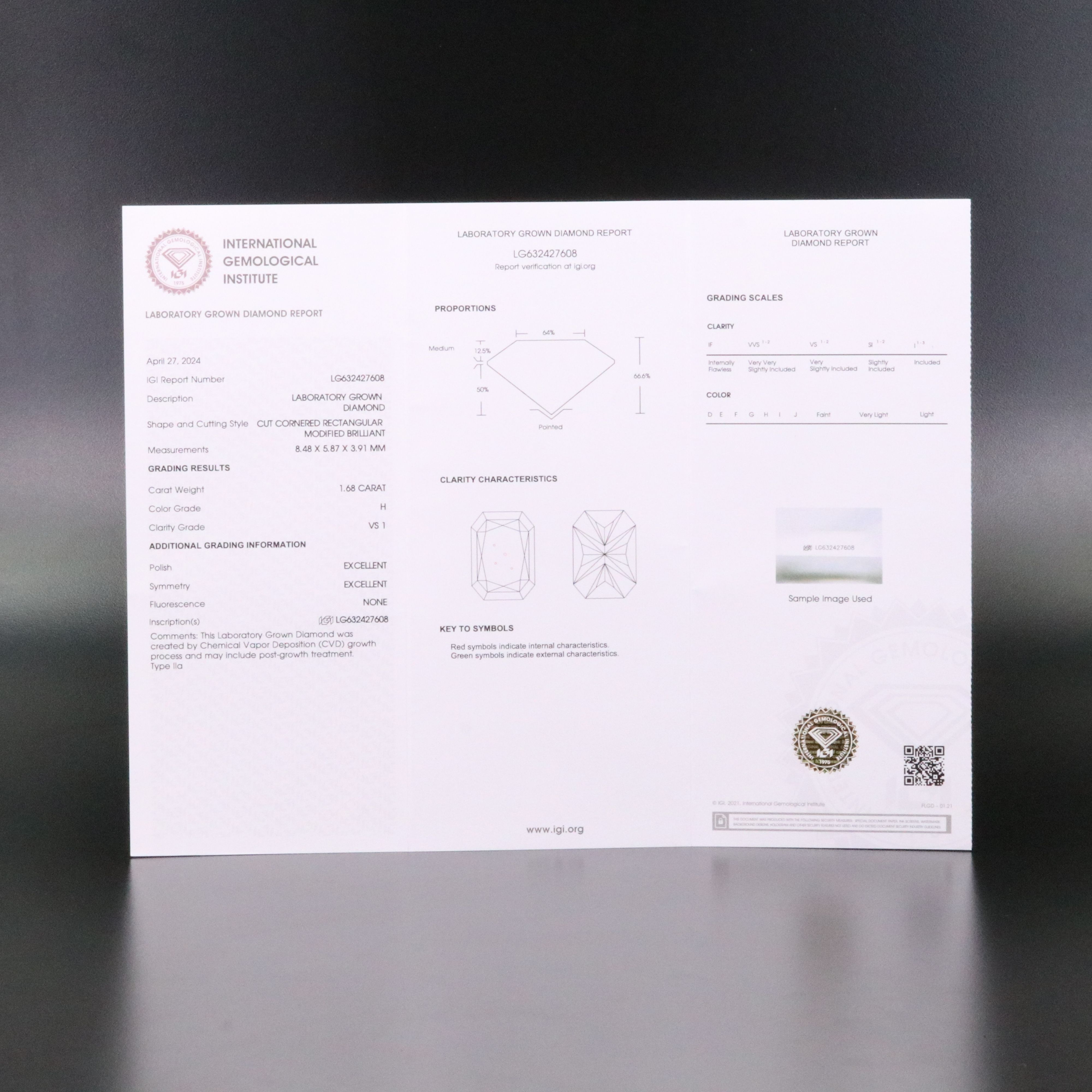 Loose 1.68 CT Lab Grown Diamond with IGI Report
