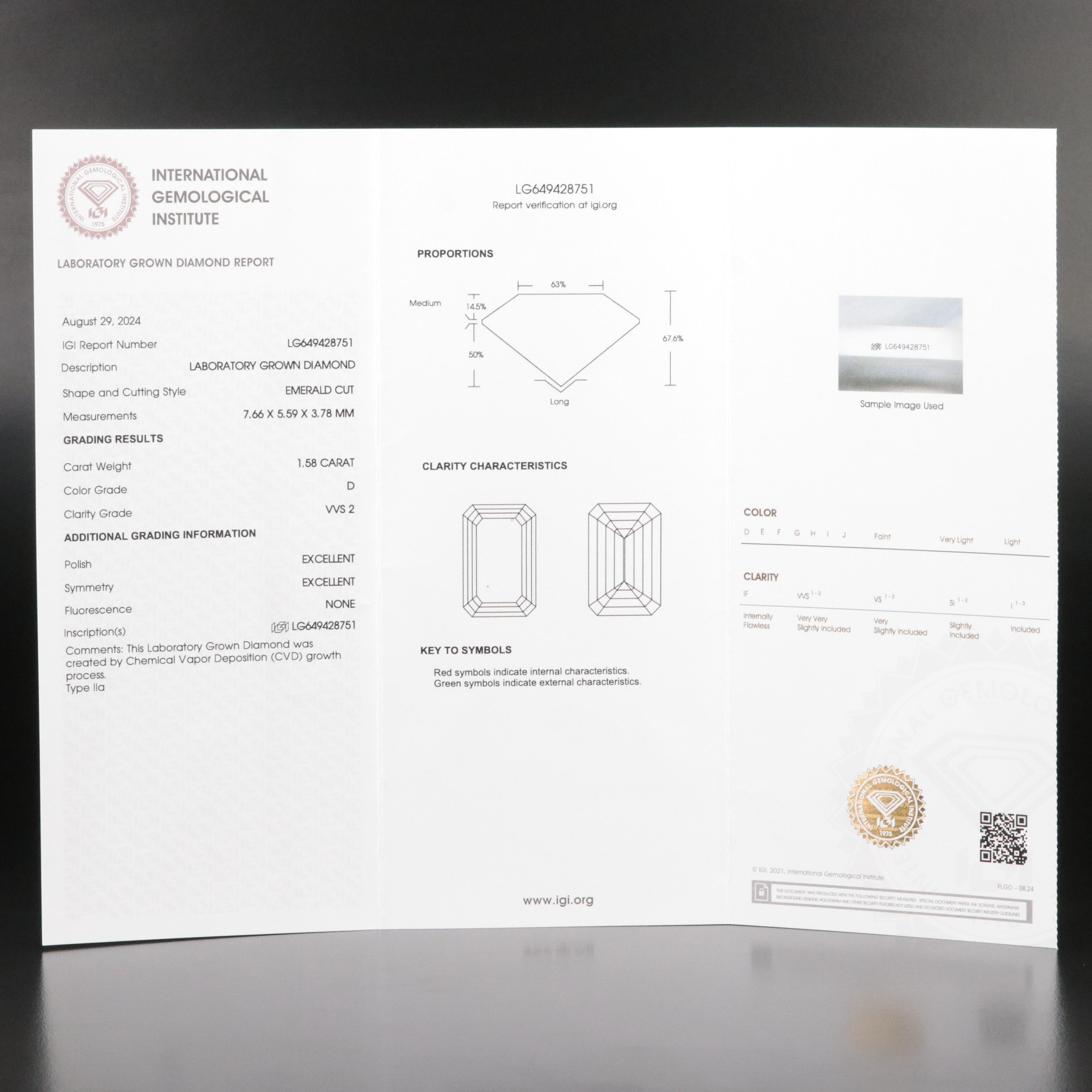 Loose 1.58 CT Lab Grown Diamond with IGI Report