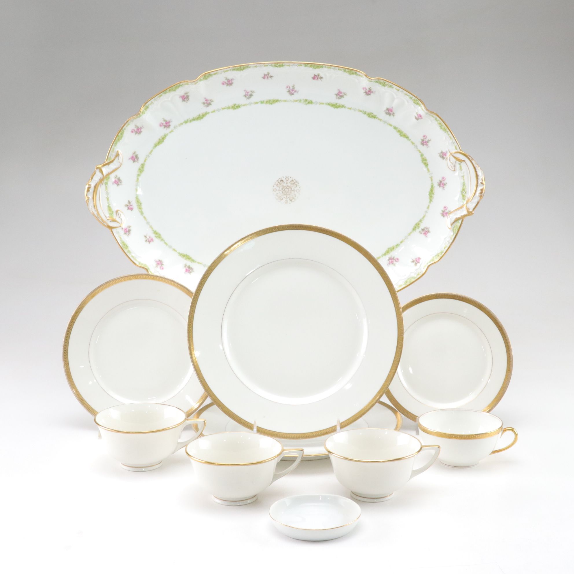 Gilt-Rimmed Limoges Porcelain Serving Tray, Plates & More