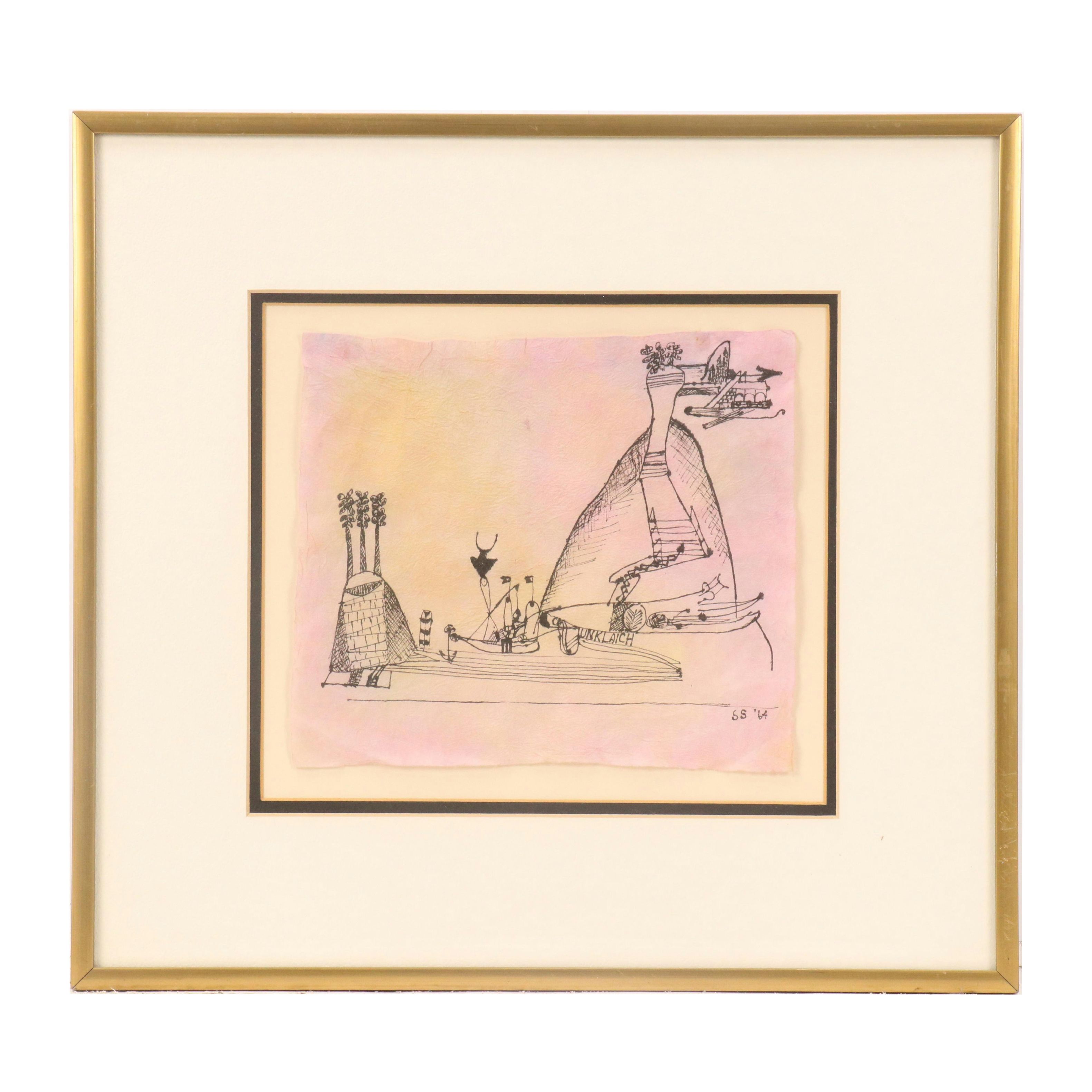 Surrealist Ink Drawing After Paul Klee, `964