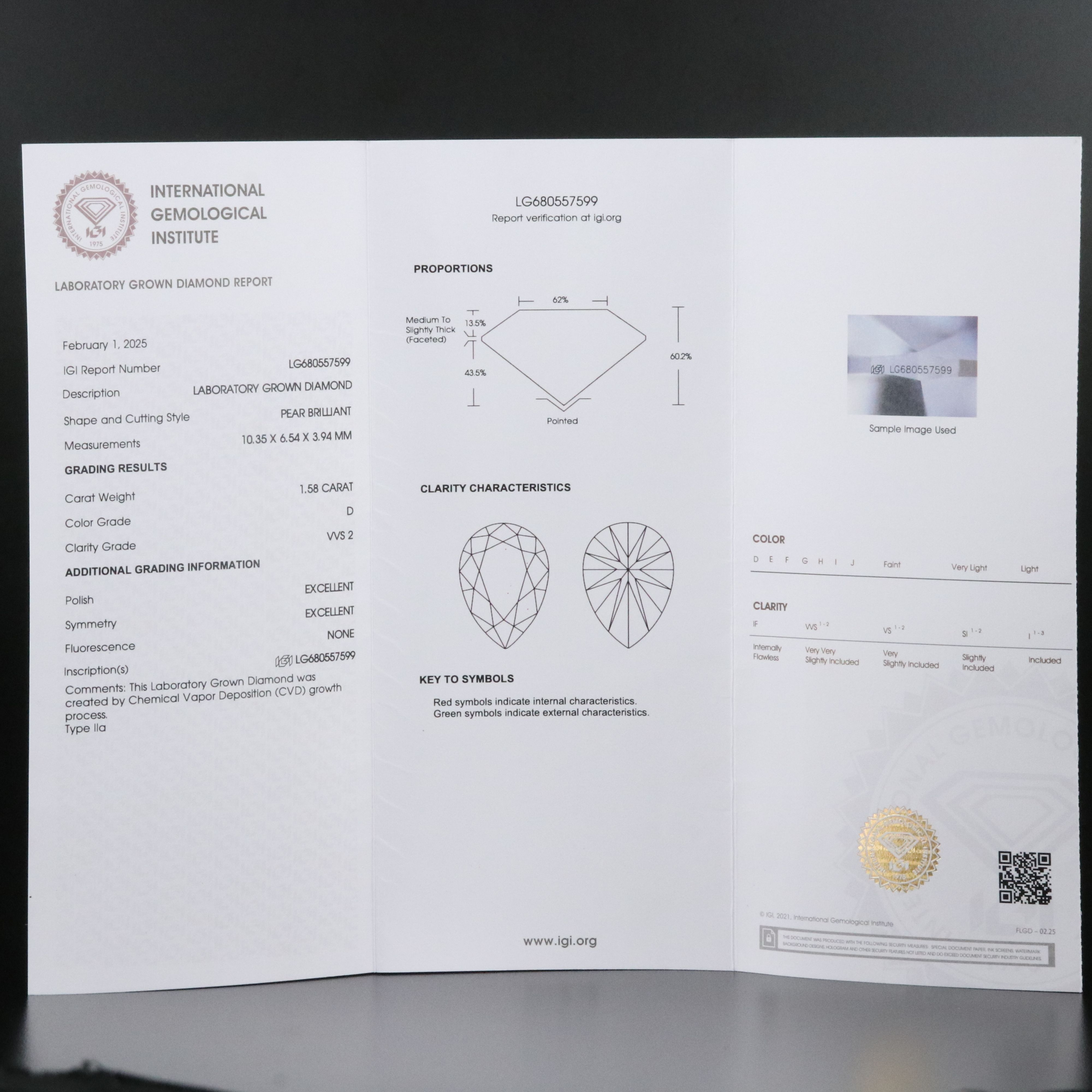 Loose 1.58 CT Lab Grown Diamond with IGI Report