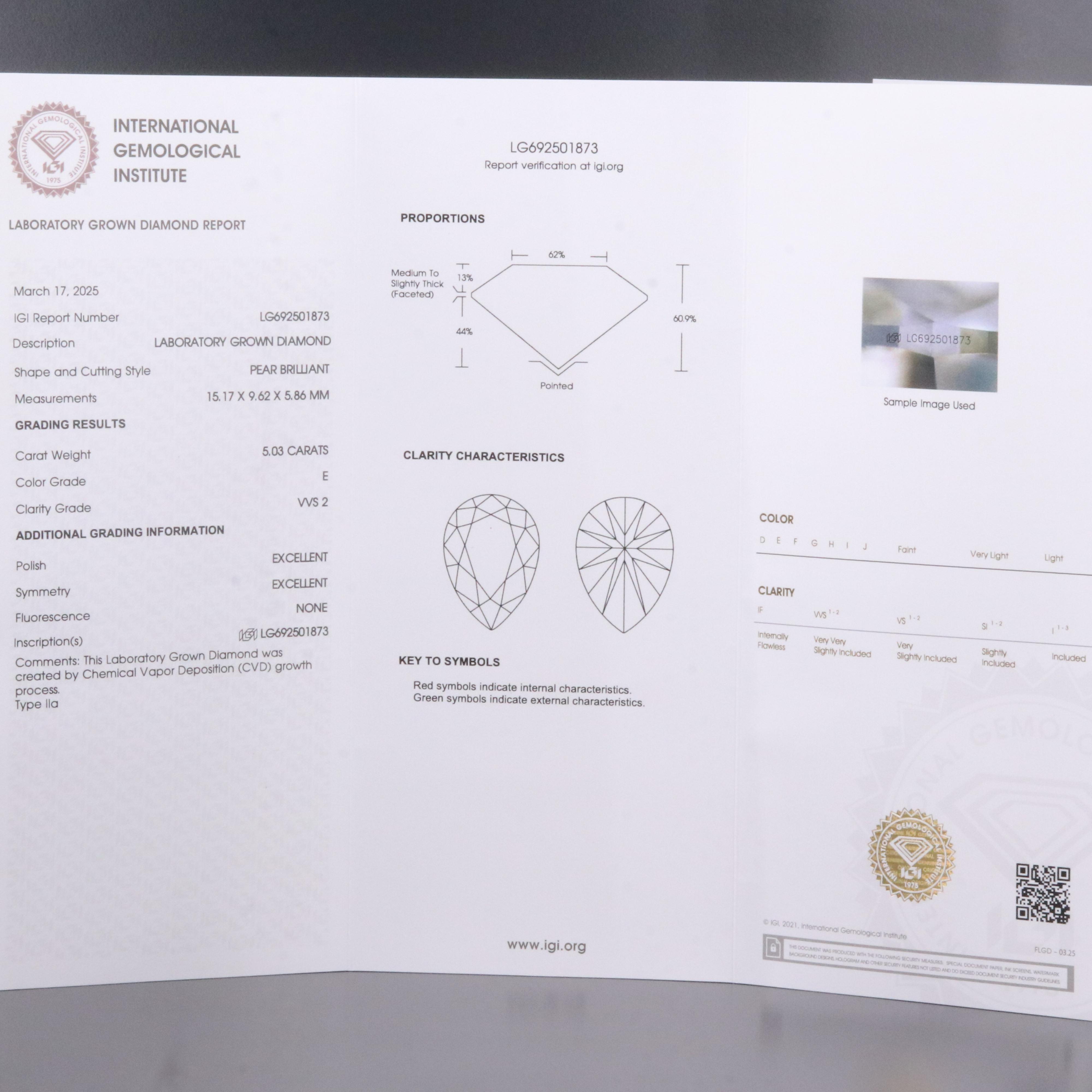 Loose 5.03 CT Lab Grown Diamond with IGI Report
