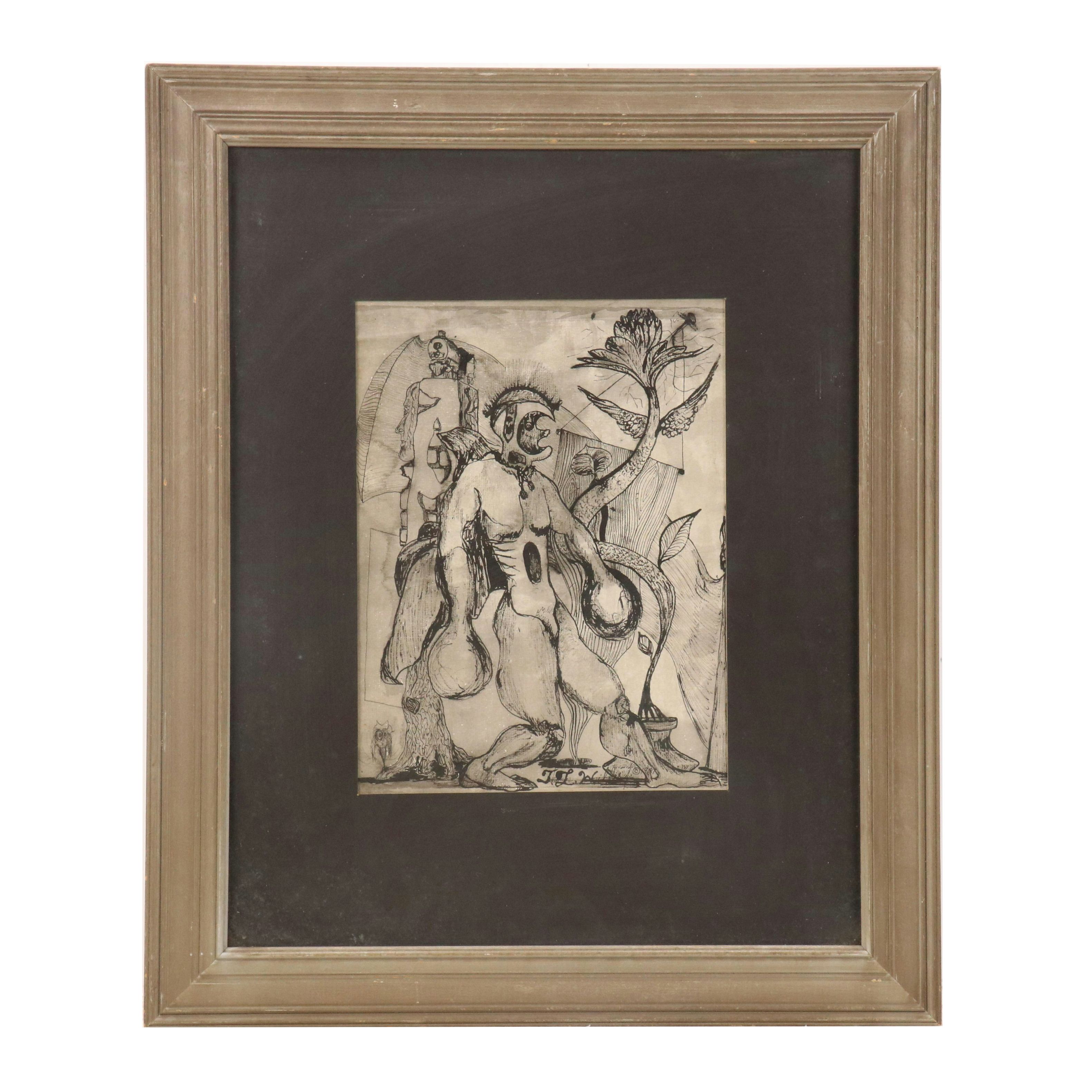 Thomas L. Willis Jr. Surrealist Ink Drawing, 1987