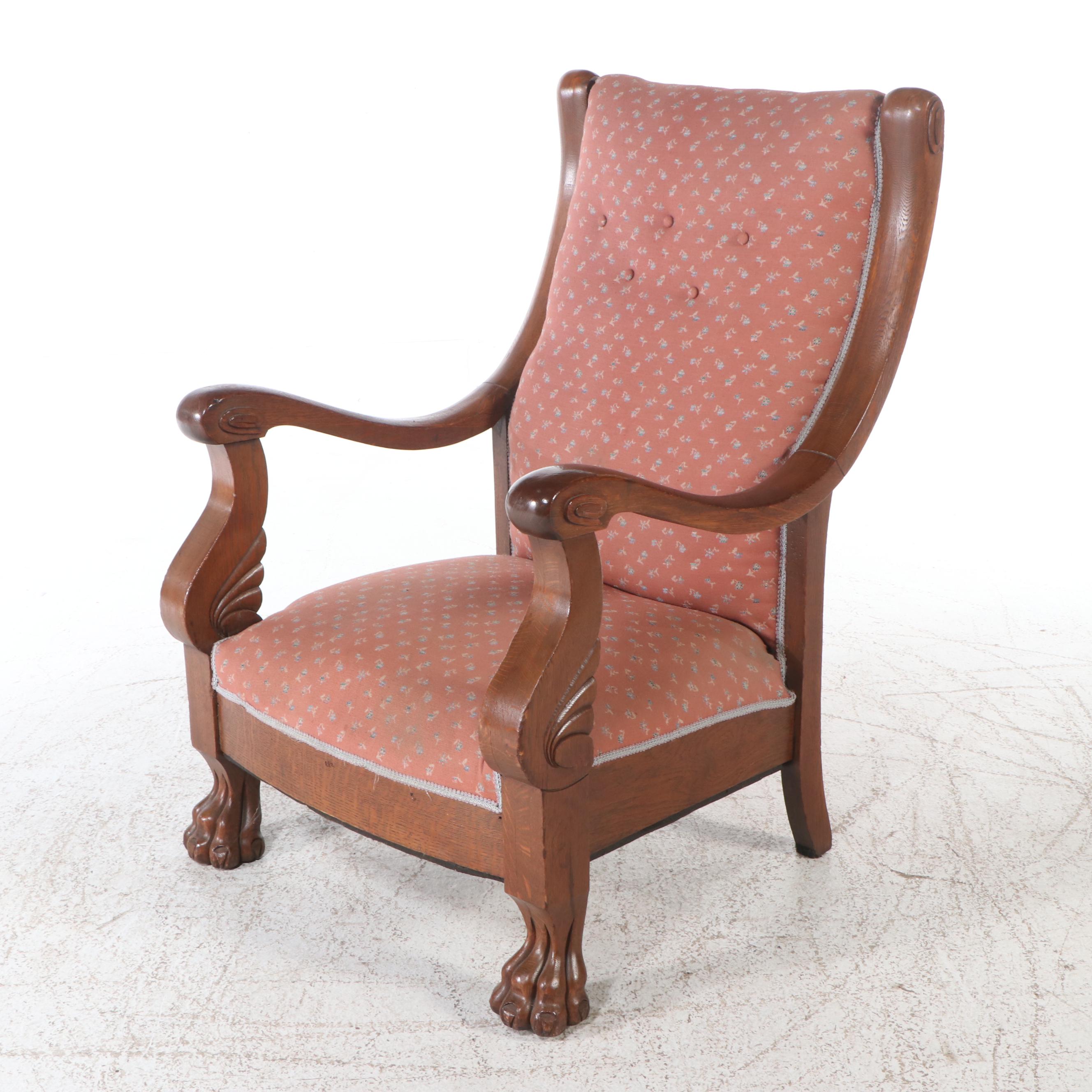 Empire Style Button-Tufted Upholstered Carved Walnut Armchair with Paw Feet