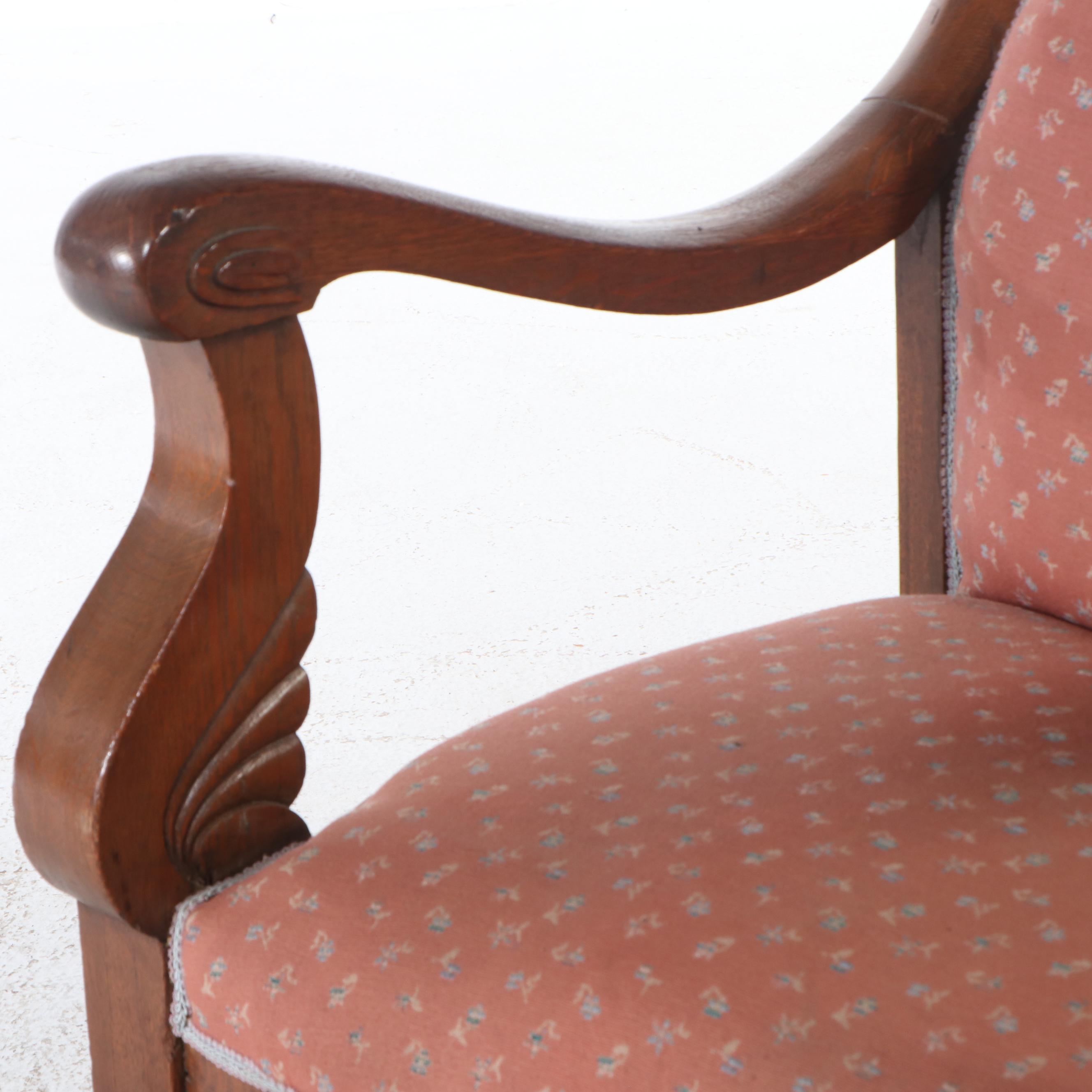Empire Style Button-Tufted Upholstered Carved Walnut Armchair with Paw Feet