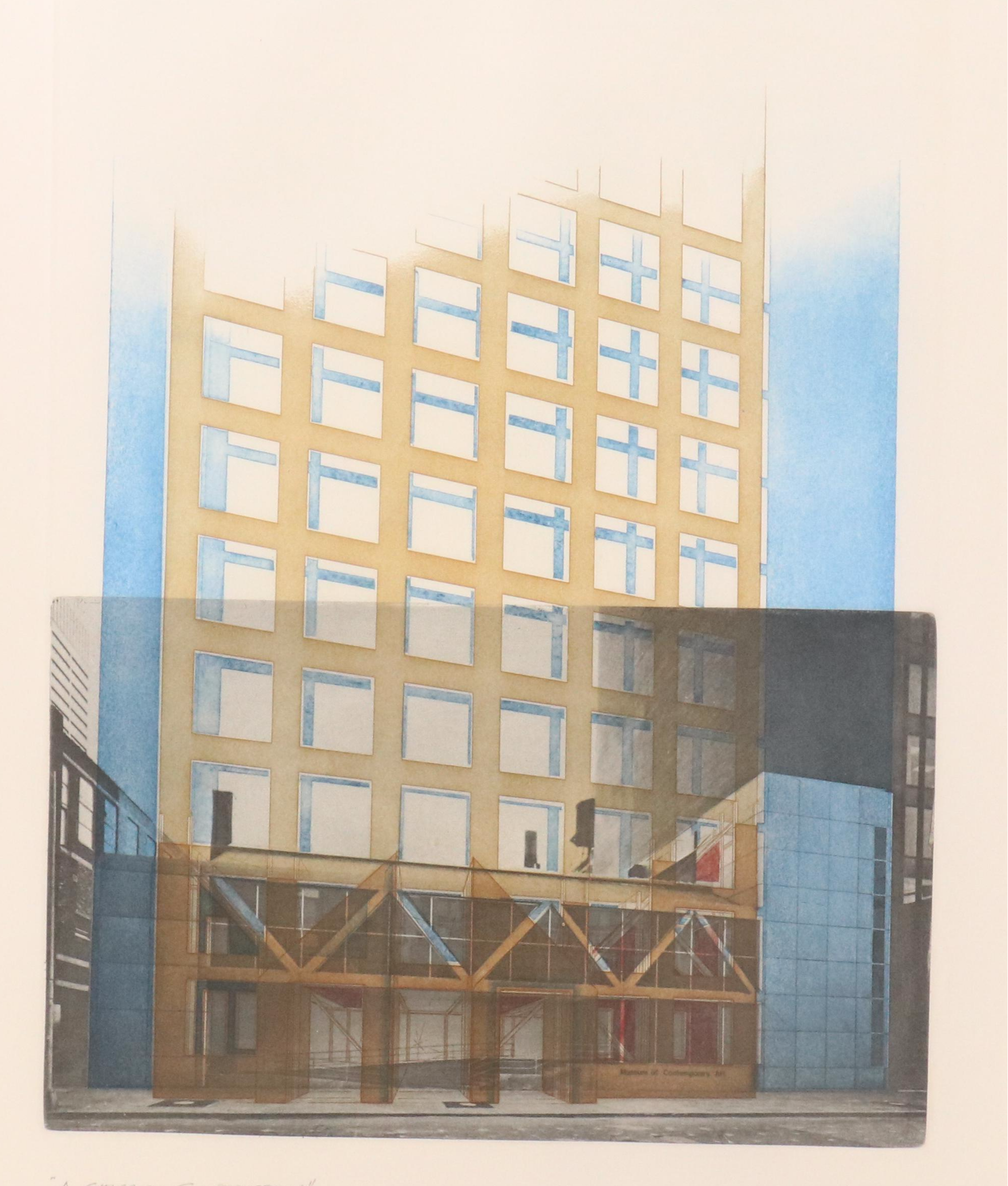Mel Charney Architectural Aquatint Etching "A Chicago Construction"