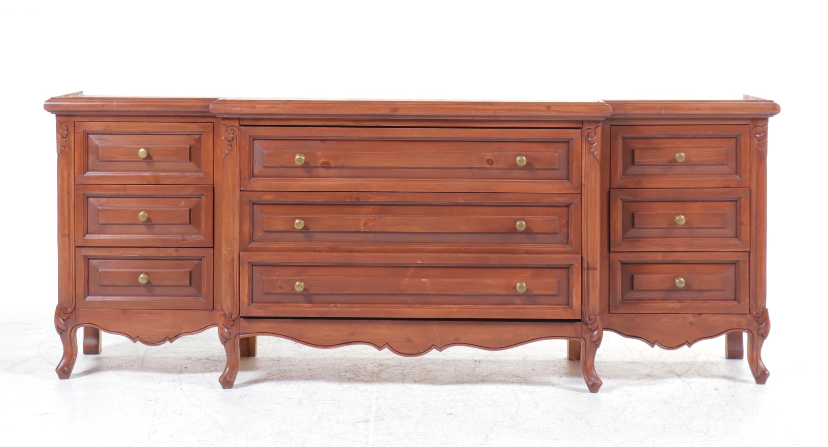 French Provincial Style Pine Breakfront Cabinet