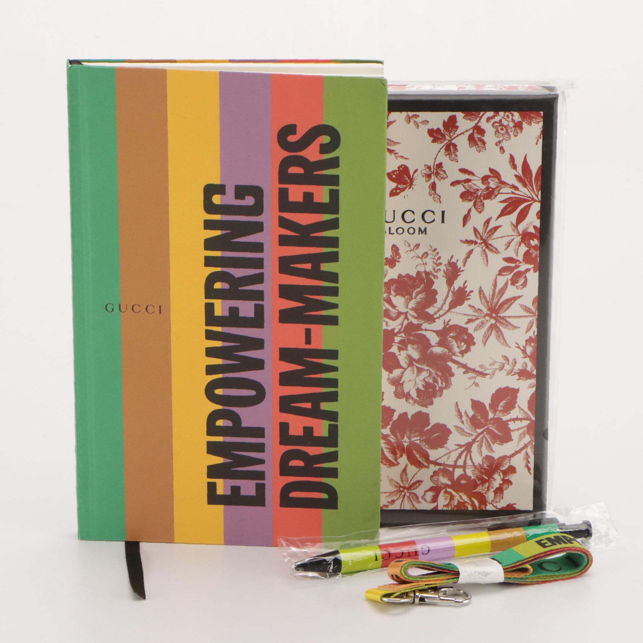 Gucci Bloom and "Empowering Dream-Makers" Notebooks with Pen and Lanyard