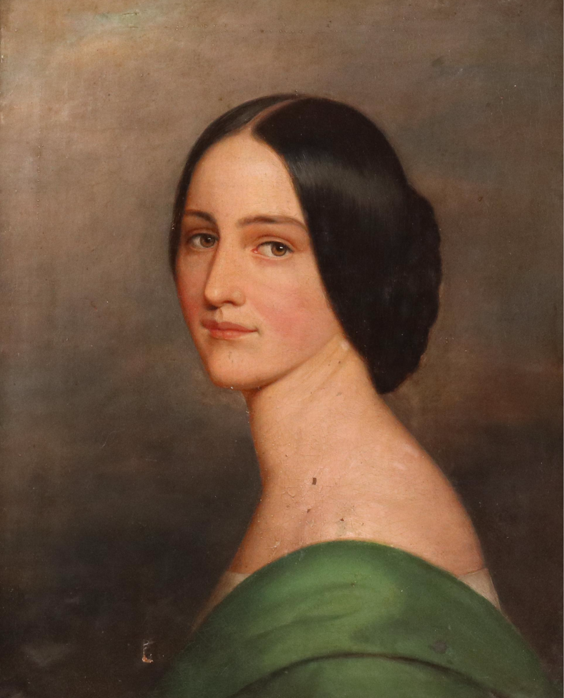 Portrait Oil Painting of Woman in Green Dress, Mid-19th Century