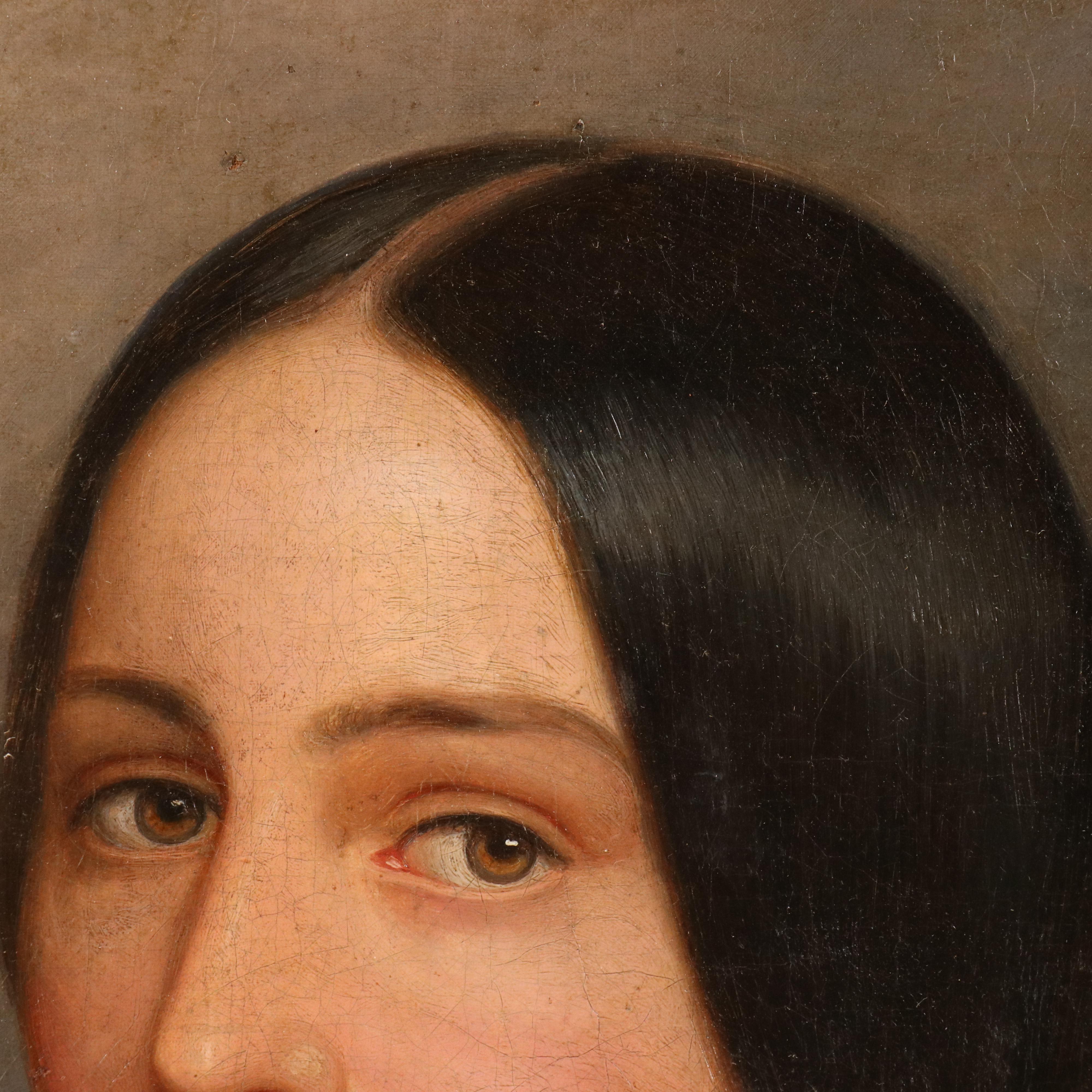 Portrait Oil Painting of Woman in Green Dress, Mid-19th Century