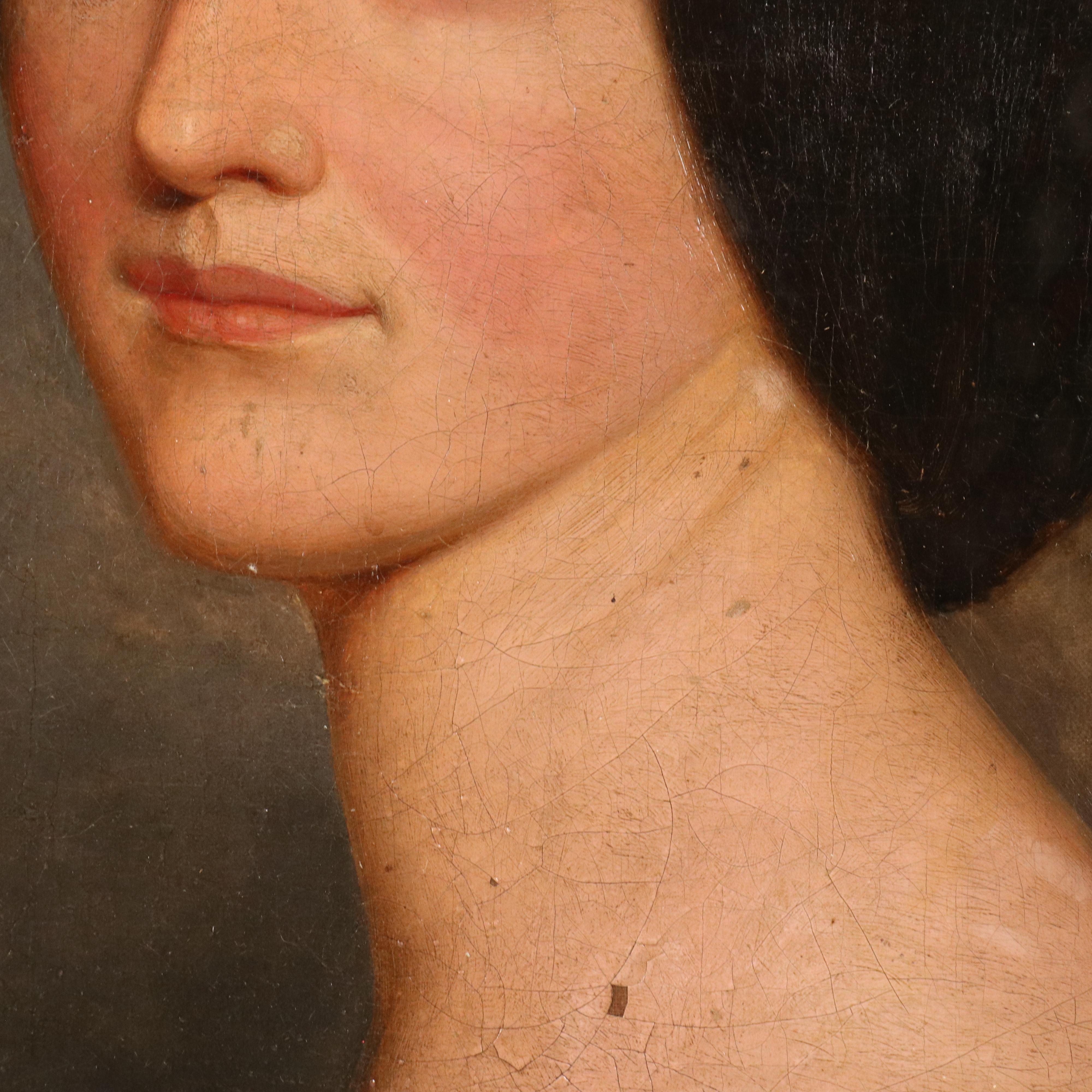 Portrait Oil Painting of Woman in Green Dress, Mid-19th Century