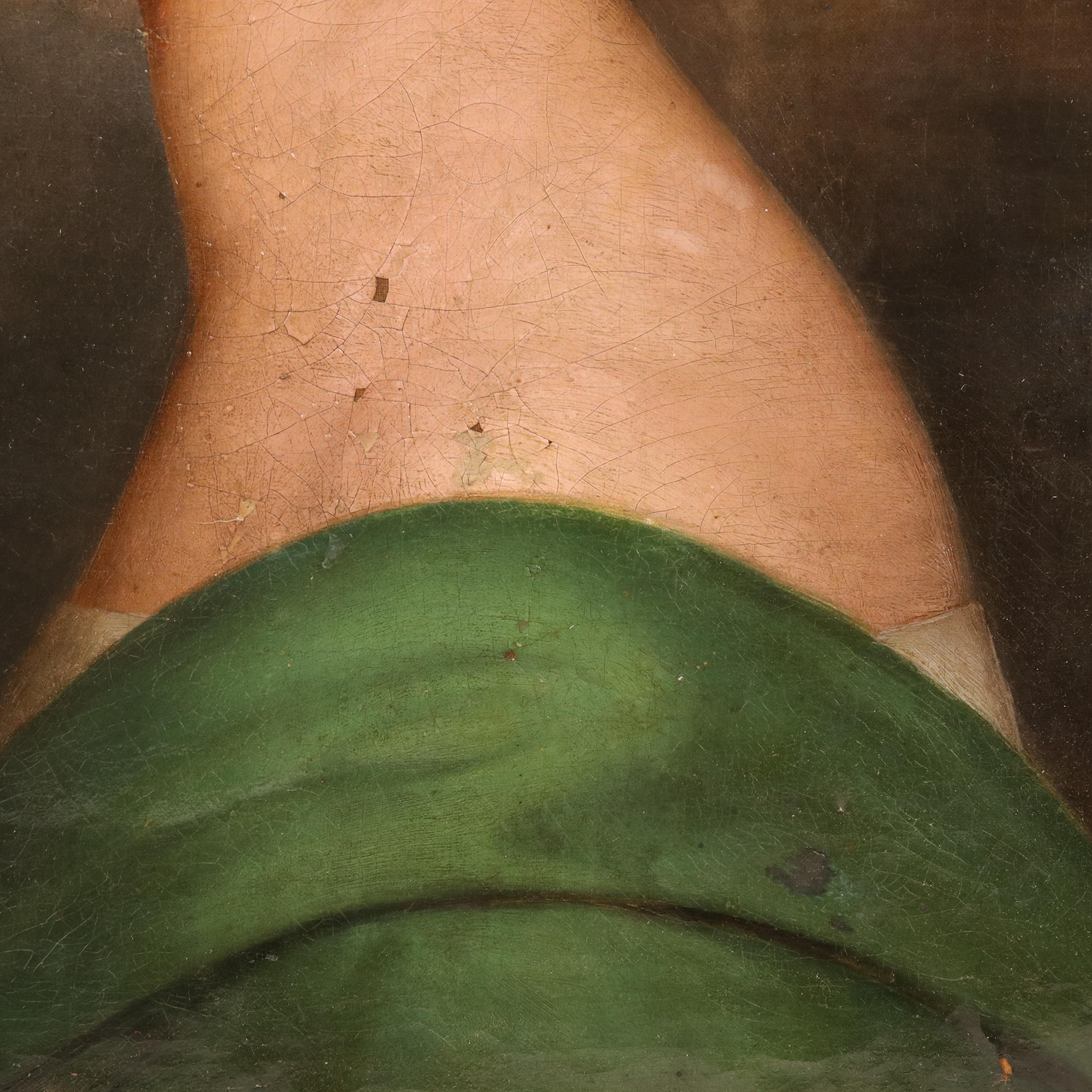 Portrait Oil Painting of Woman in Green Dress, Mid-19th Century