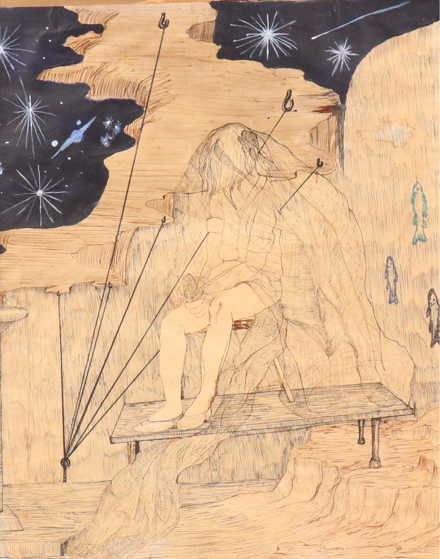 Thomas L. Willis Jr. Surrealist Mixed Media Drawing, 1969