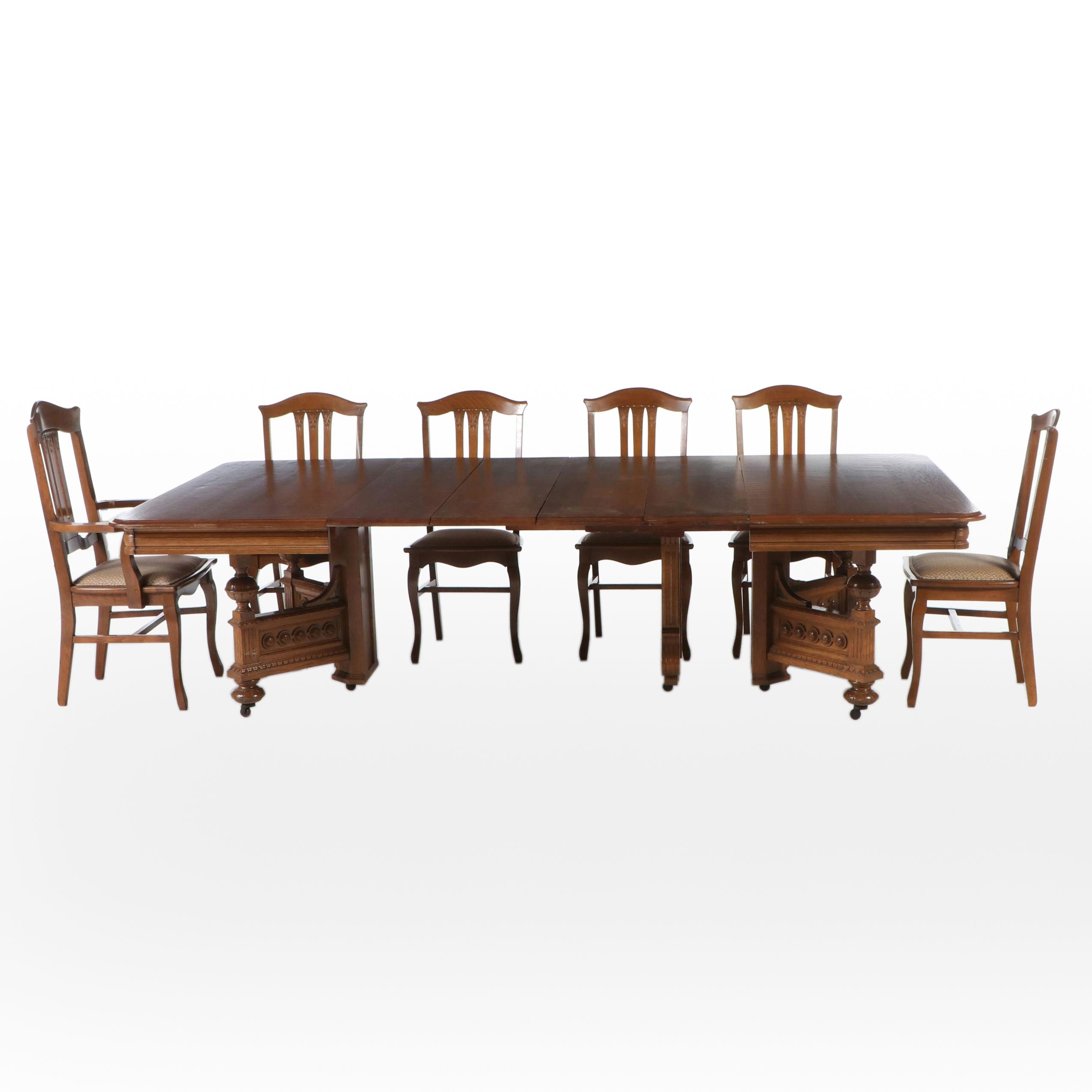 Seven-Piece Gothic Revival Style Oak Dining Set, Late 19th/Early 20th Century