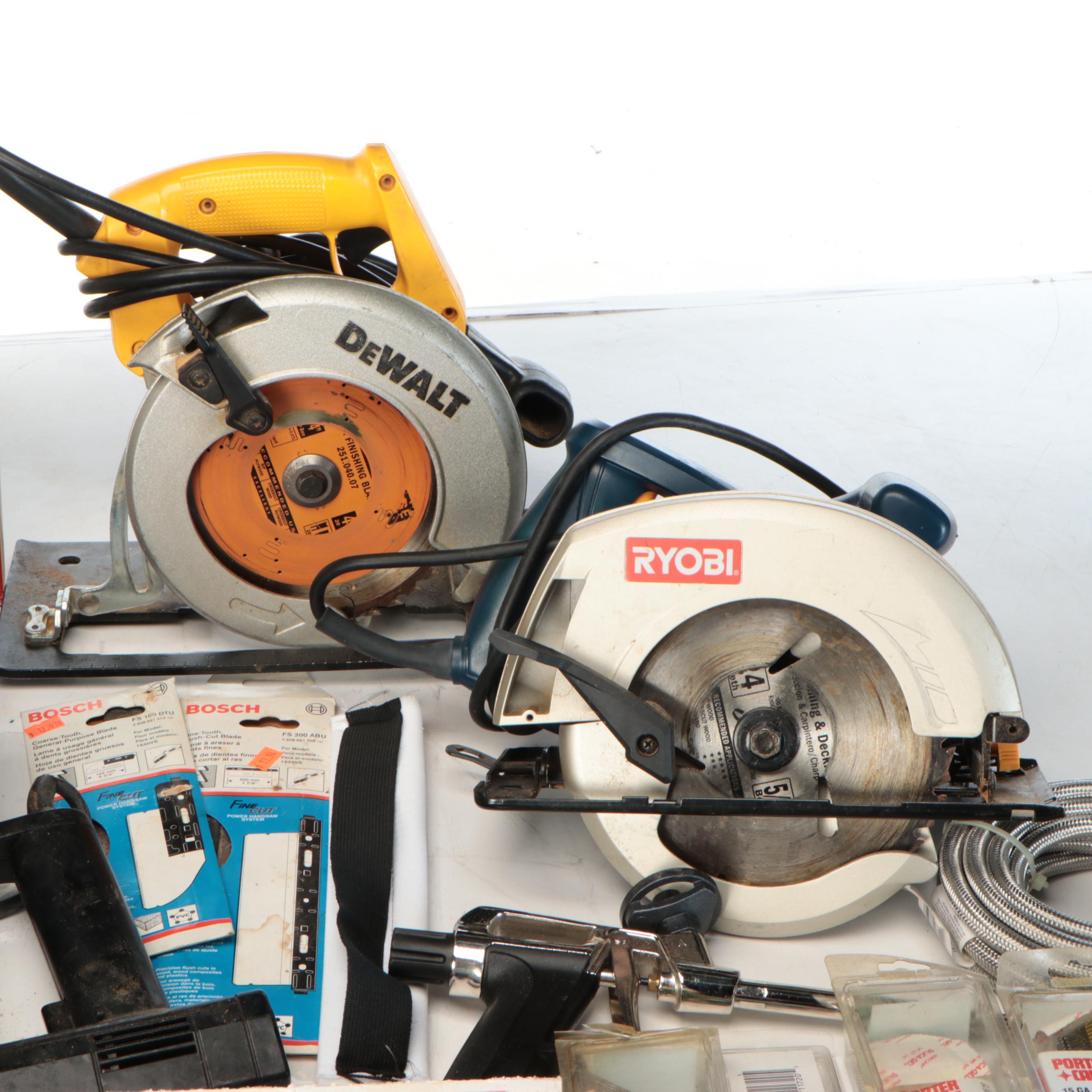 DeWalt and Ryobi Circular Saws with More Hand Tools