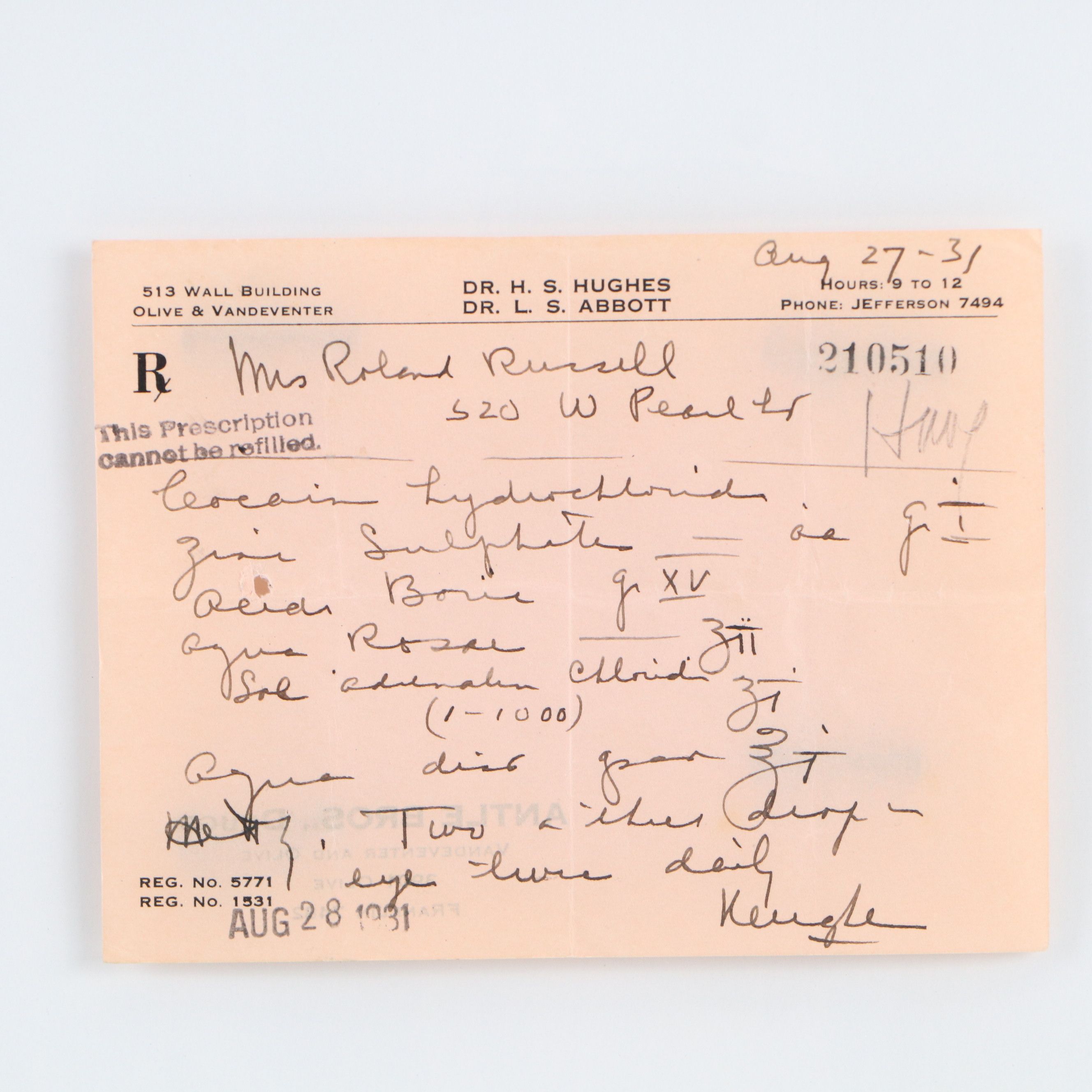 Prescription Form for Cocaine Hydrochloride, 1931