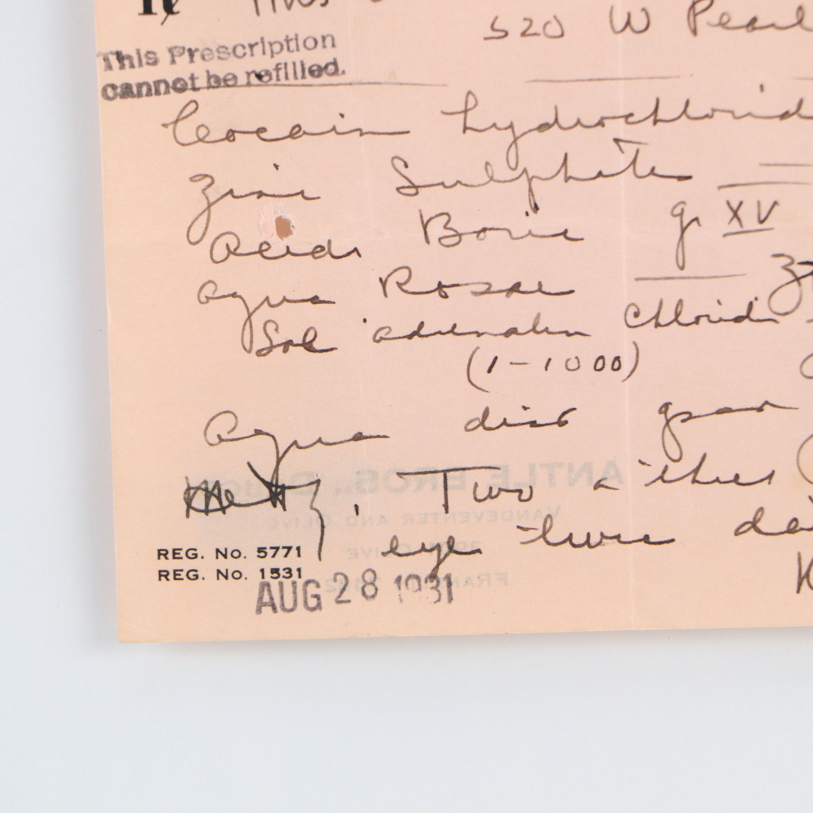 Prescription Form for Cocaine Hydrochloride, 1931