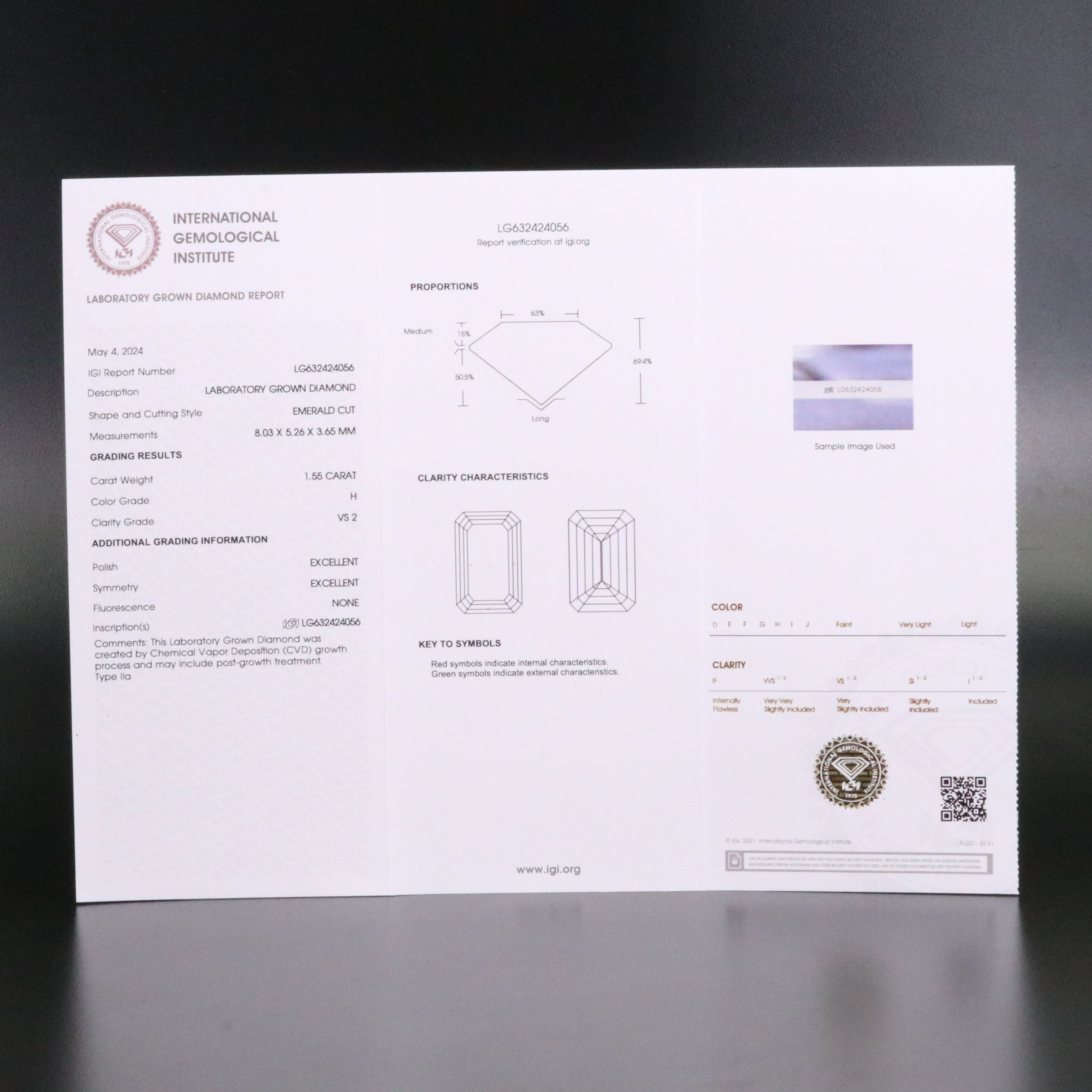 Loose 1.55 CT Lab Grown Diamond with IGI Report