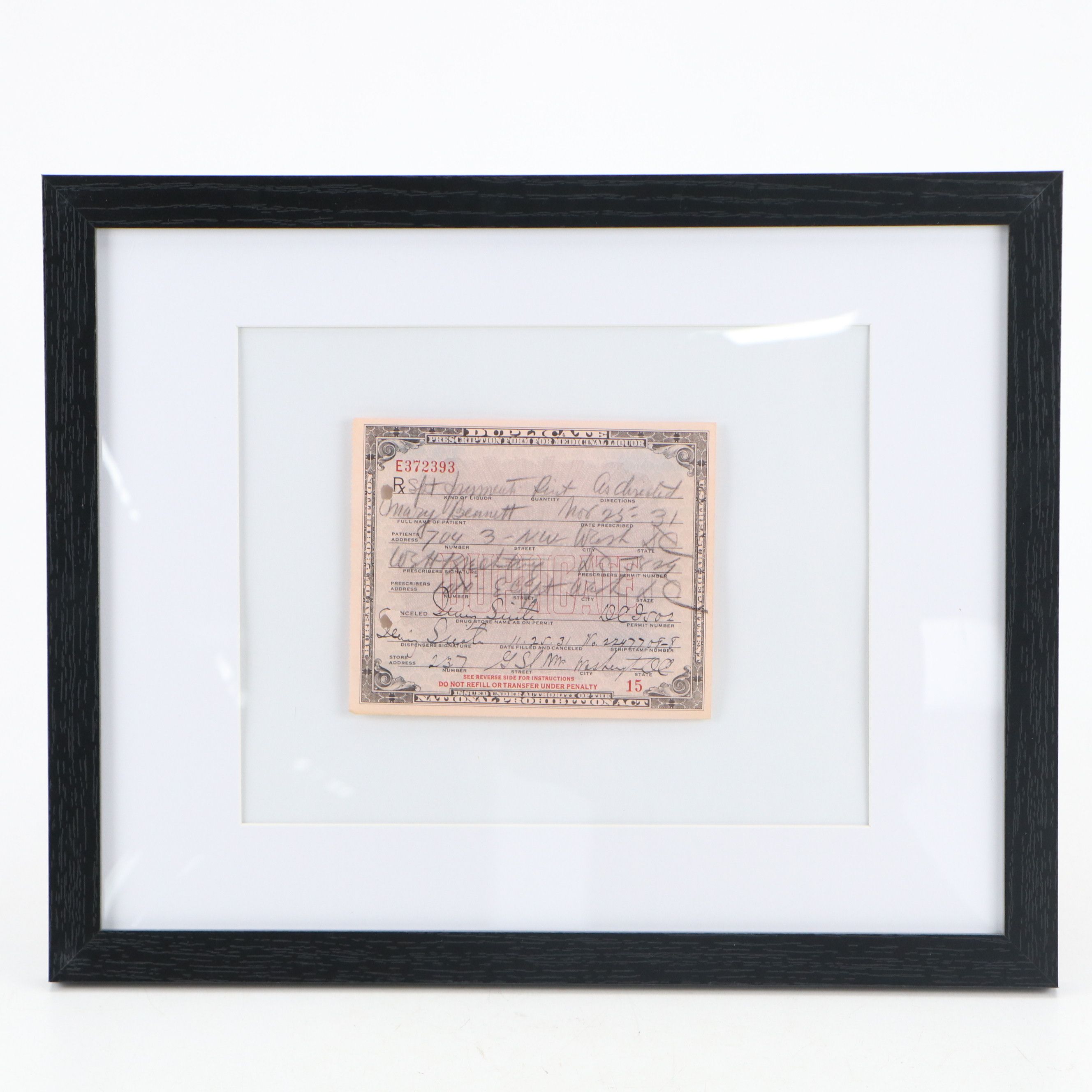 Prohibition Era Prescription Form for Alcohol, 1931