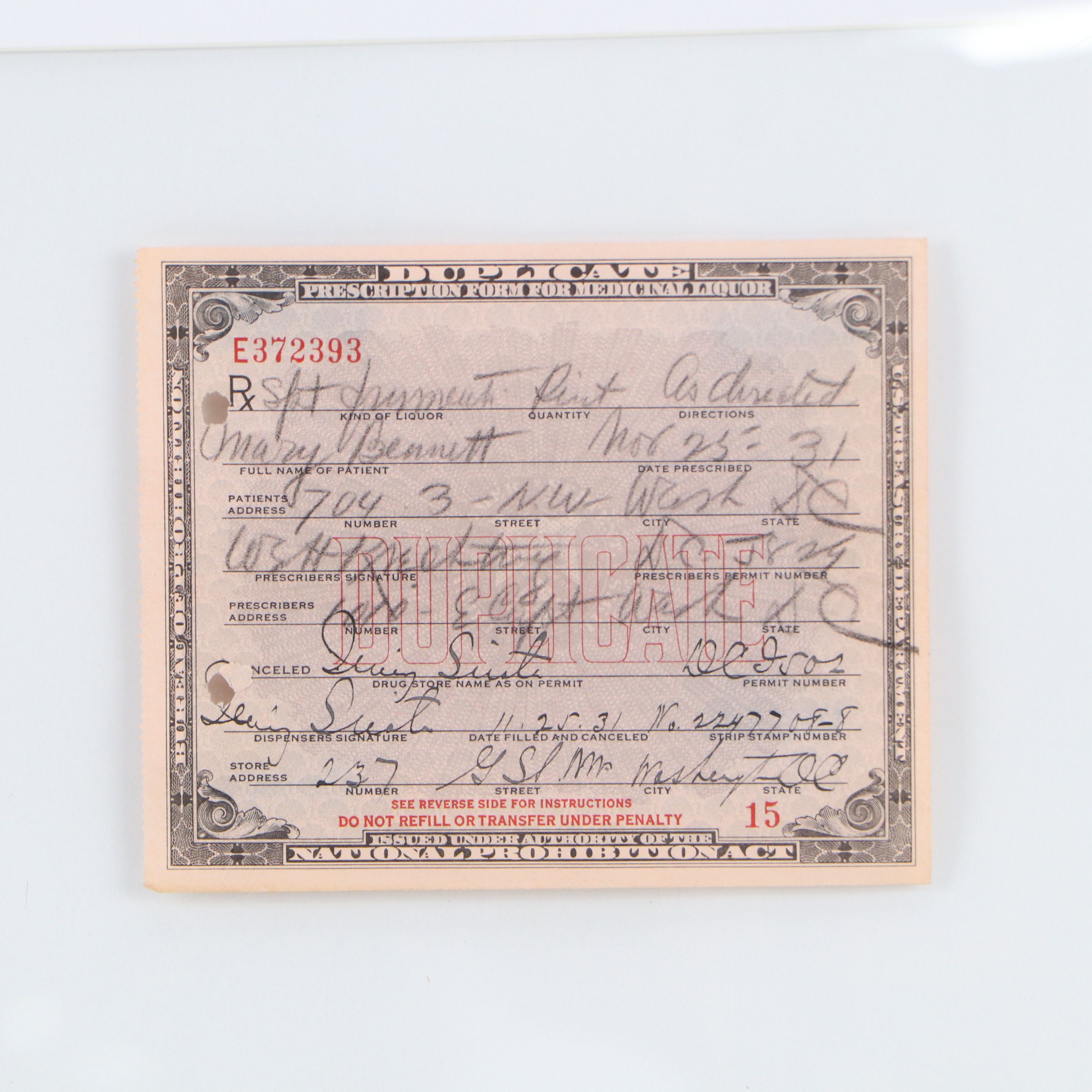 Prohibition Era Prescription Form for Alcohol, 1931