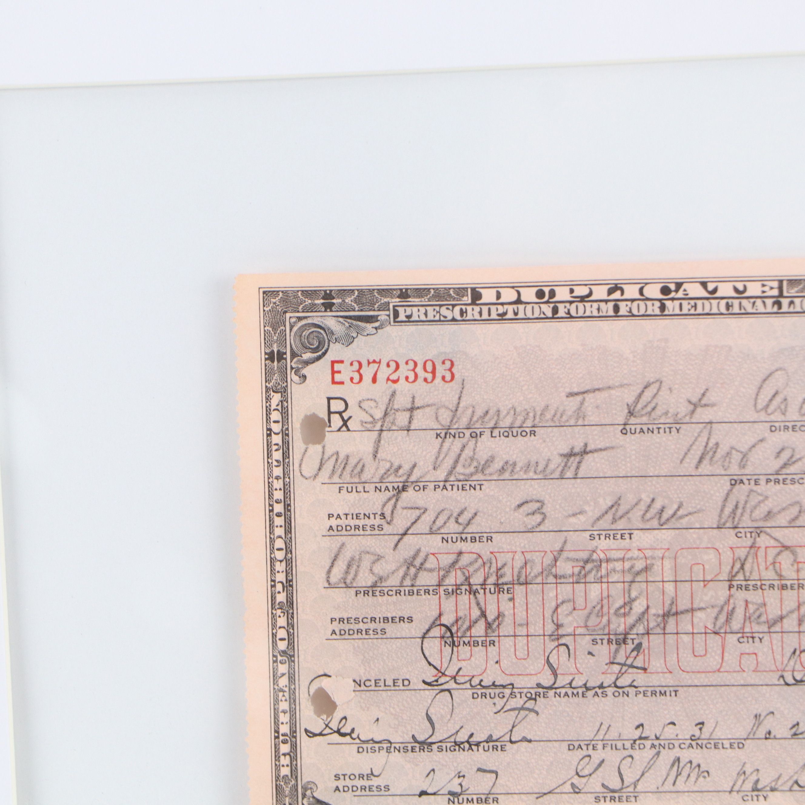 Prohibition Era Prescription Form for Alcohol, 1931