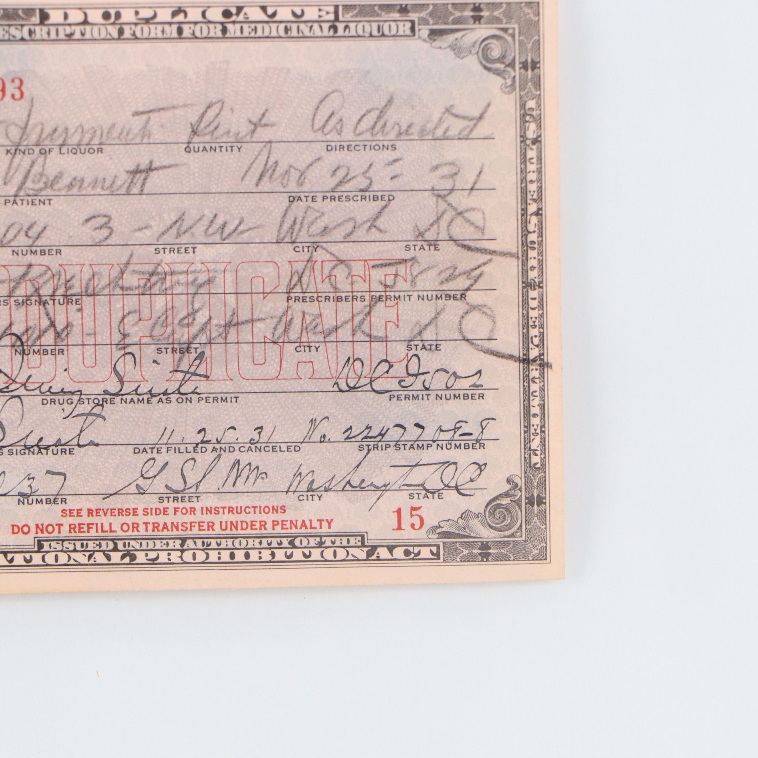 Prohibition Era Prescription Form for Alcohol, 1931