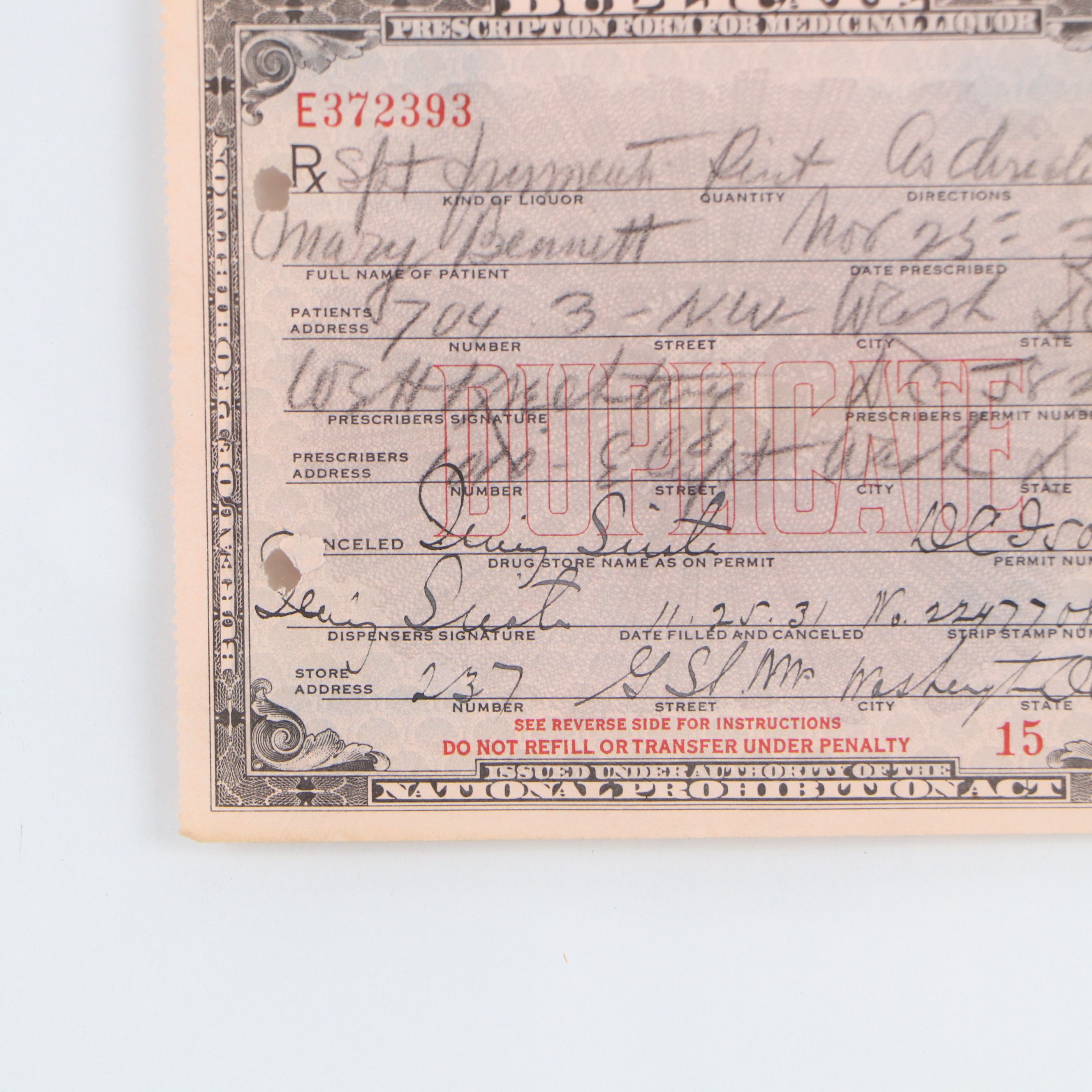 Prohibition Era Prescription Form for Alcohol, 1931