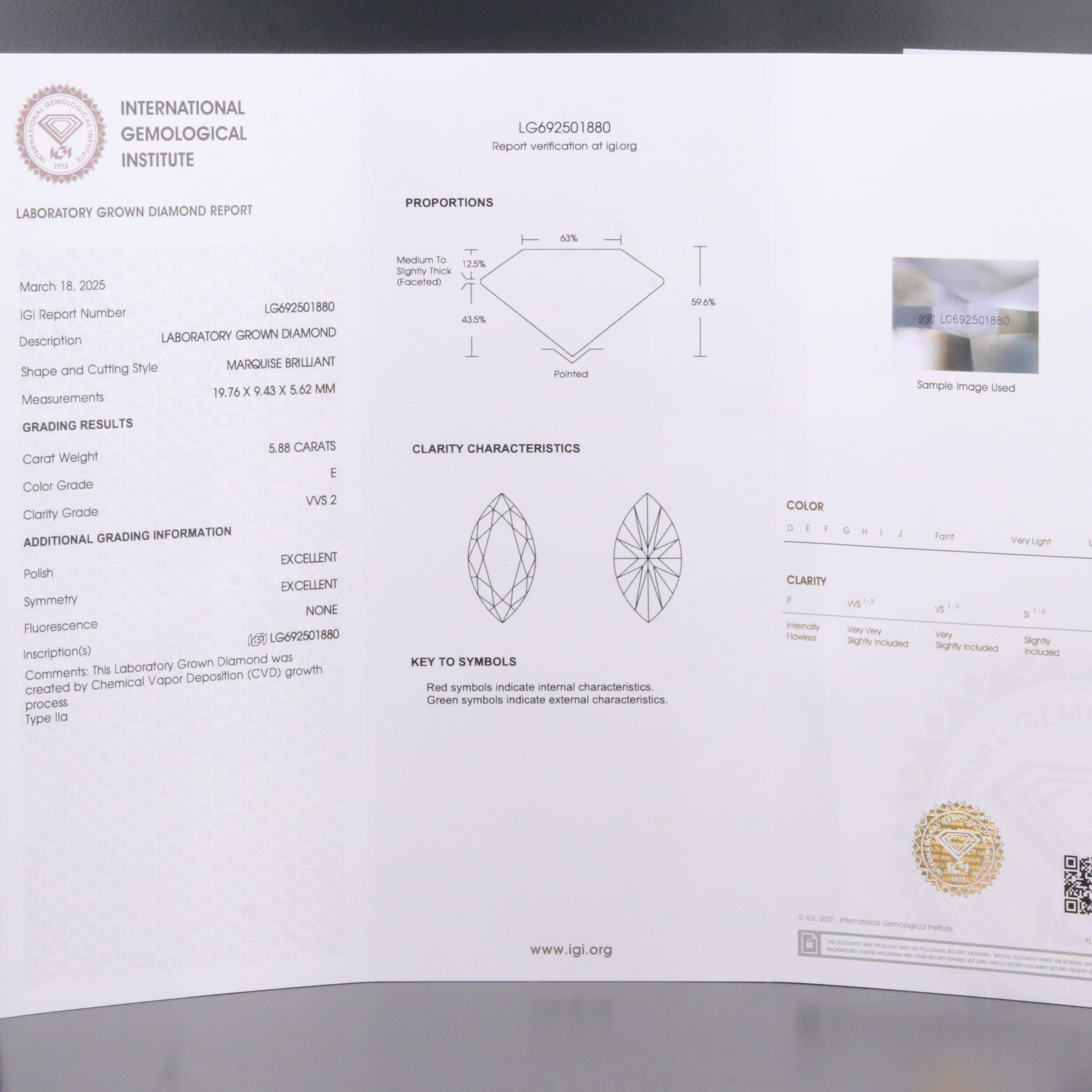 Loose 5.88 CT Lab Grown Diamond with IGI Report