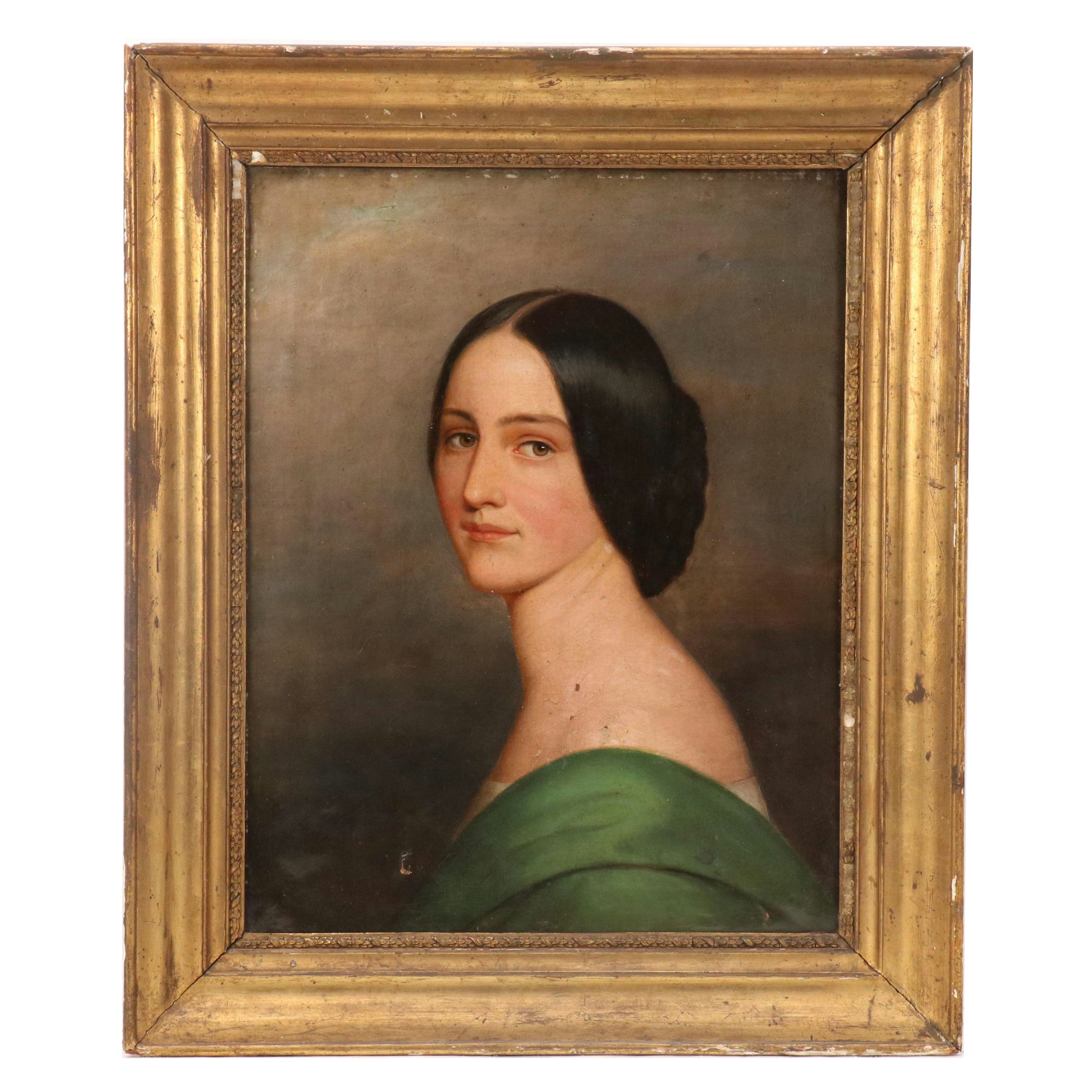 Portrait Oil Painting of Woman in Green Dress, Mid-19th Century