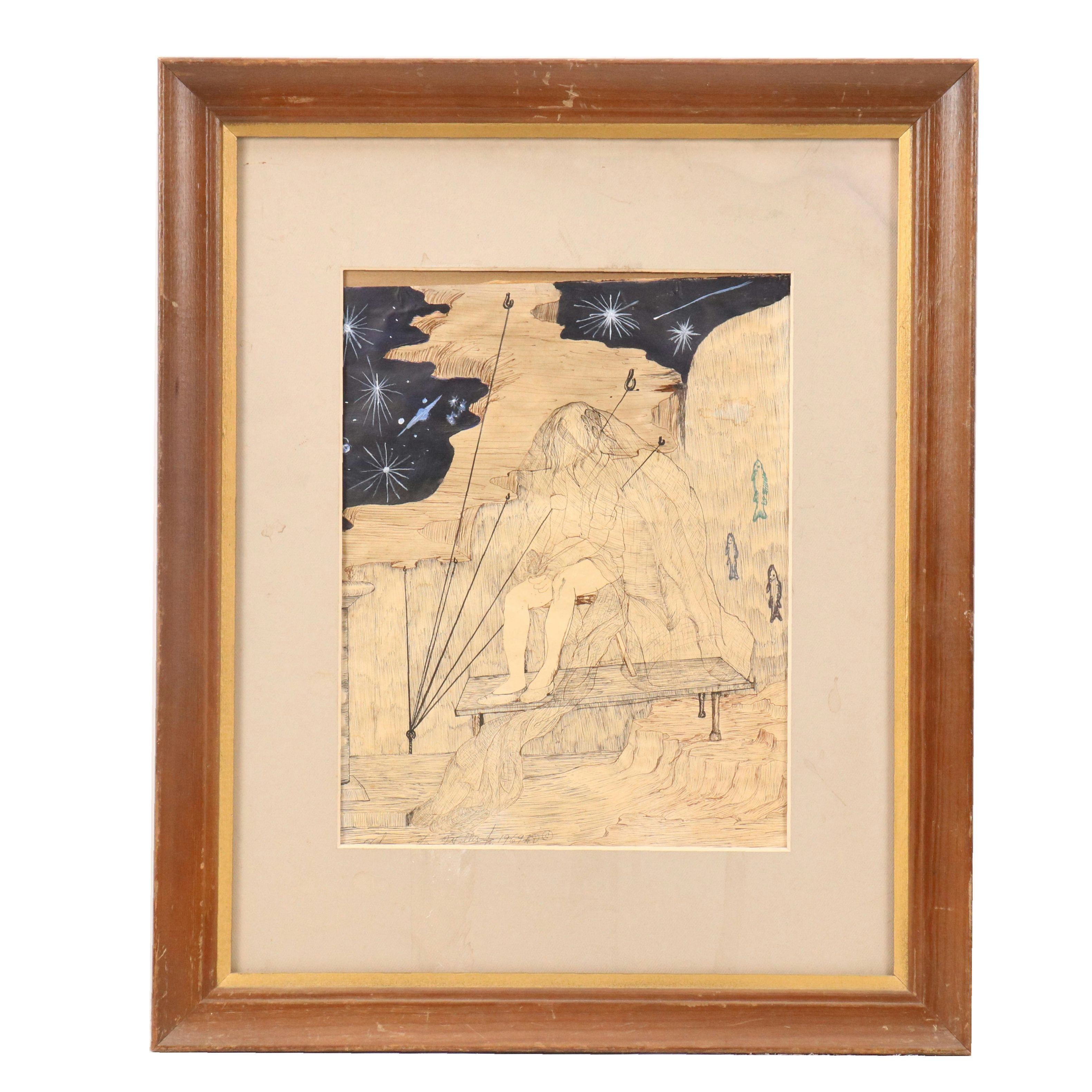Thomas L. Willis Jr. Surrealist Mixed Media Drawing, 1969