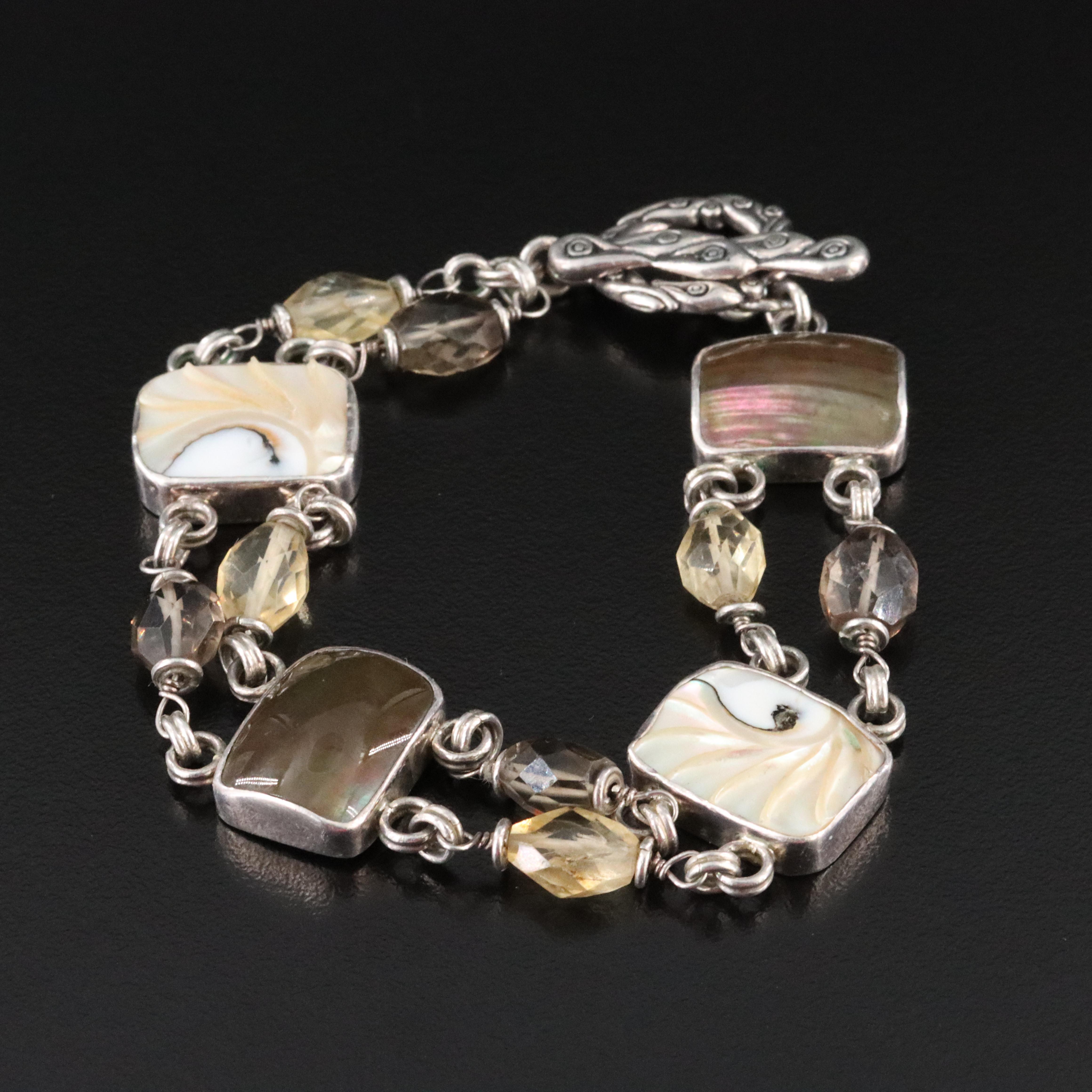 Sterling Shell, Citrine, and Smoky Quartz Bracelet