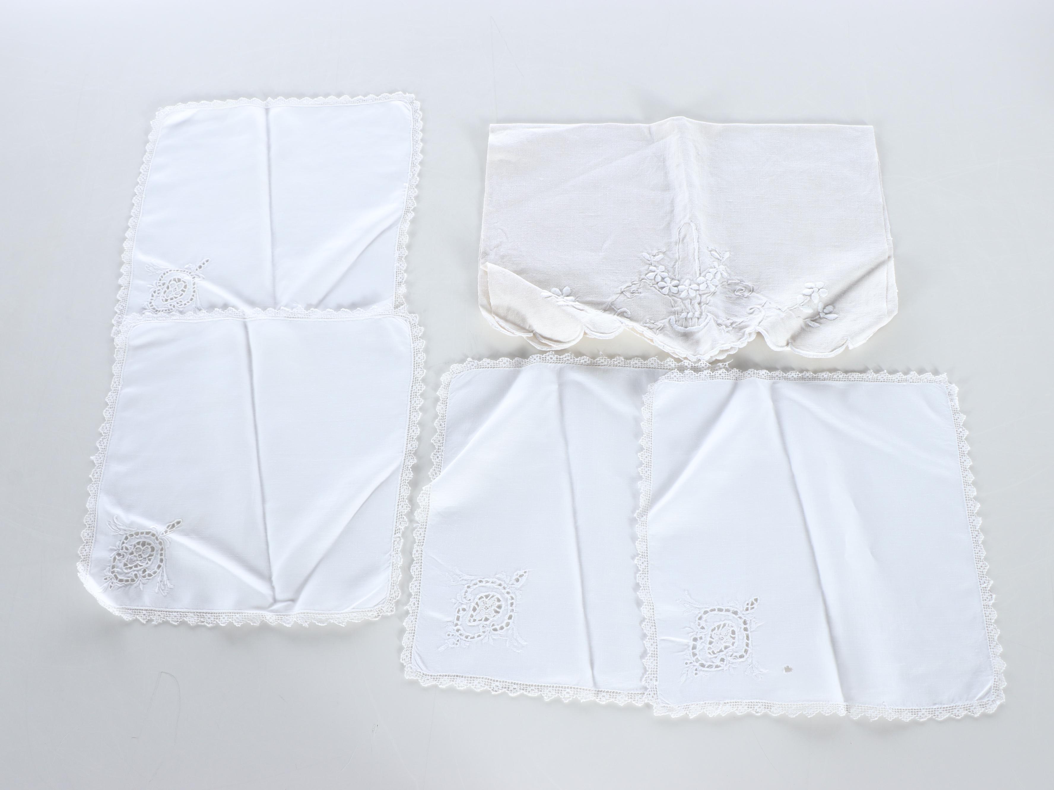 Edwardian Style Cutwork Tablecloth with Other Table Linens, 20th Century