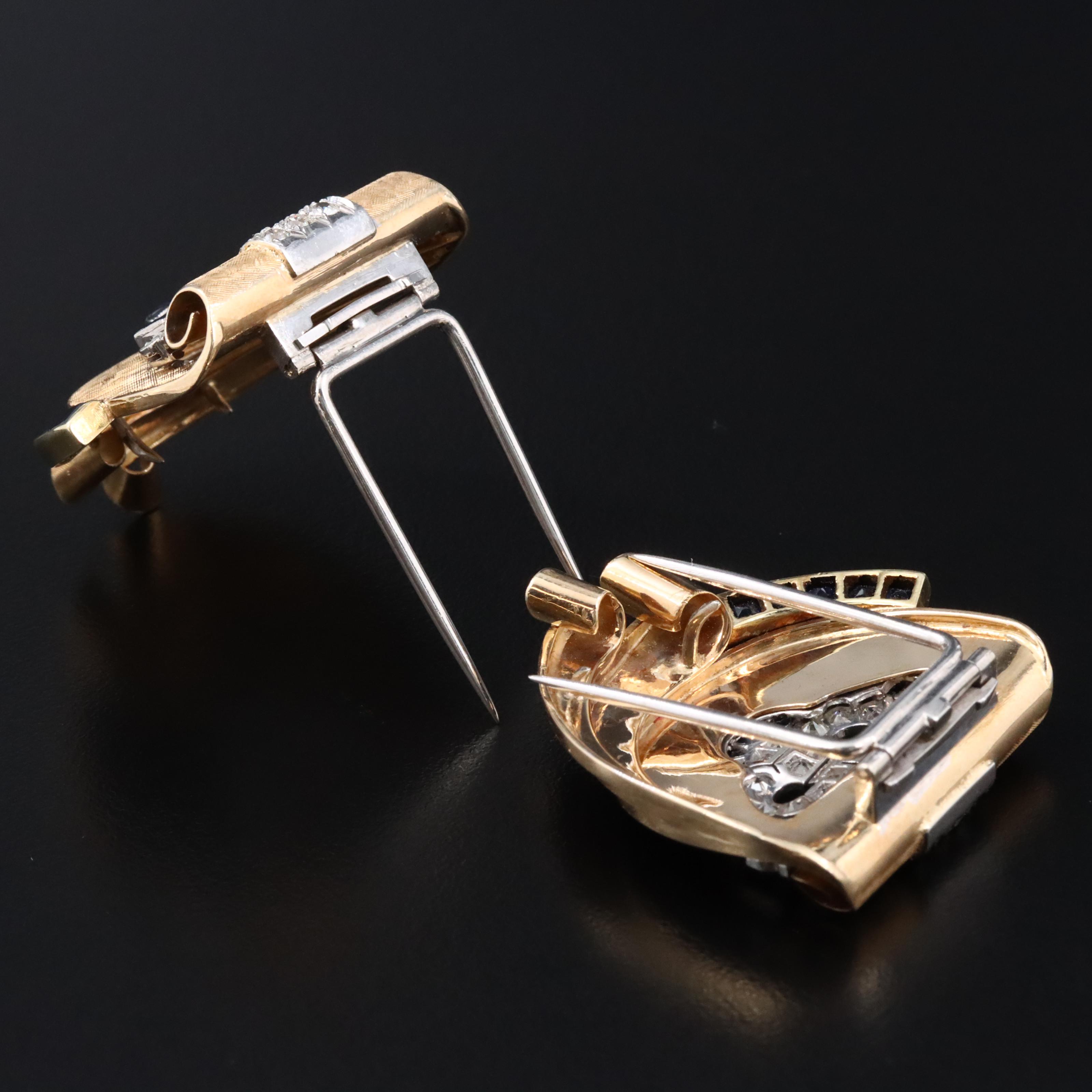 14K 0.94 CTW Diamond and Sapphire Duette Converter Brooch with Platinum Accents