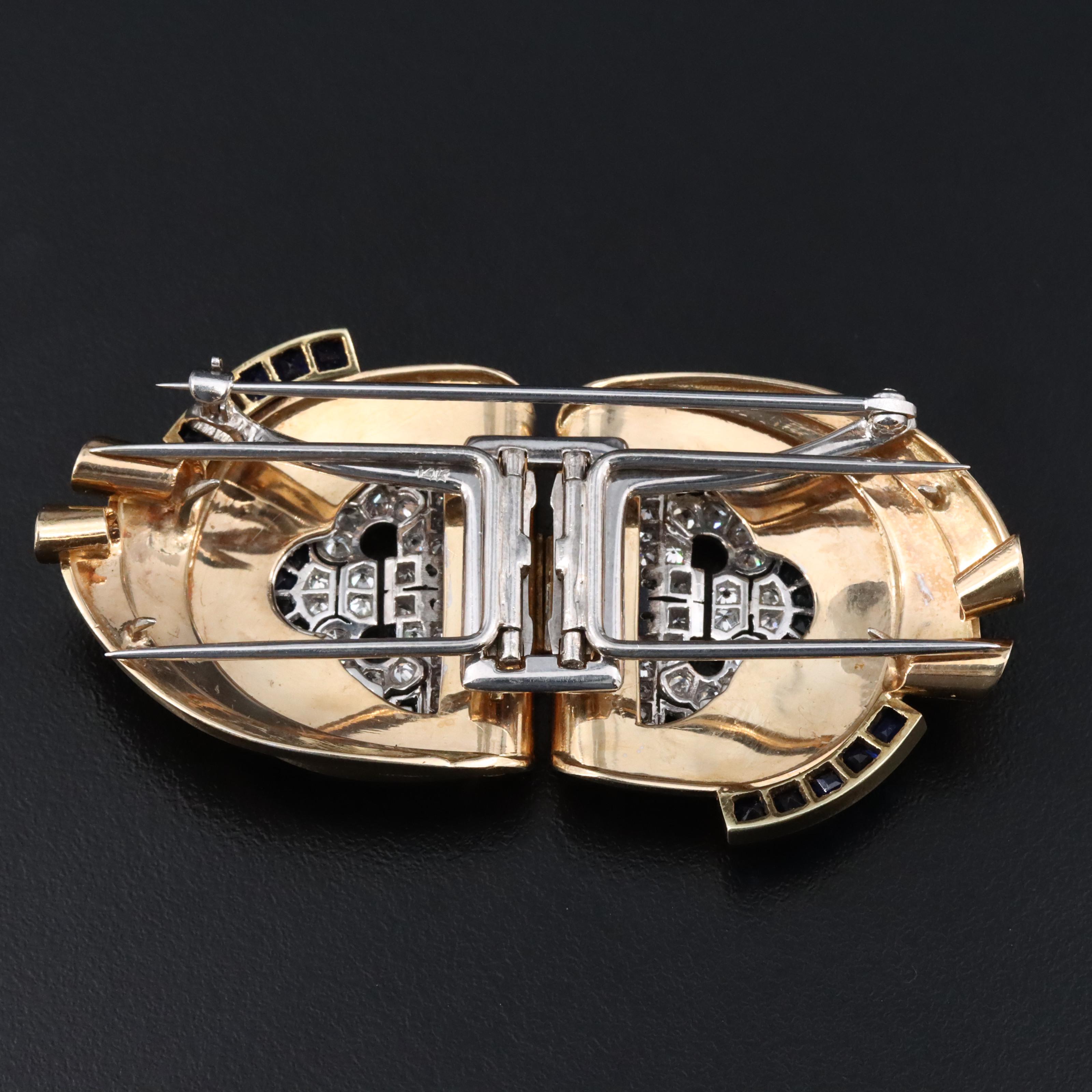 14K 0.94 CTW Diamond and Sapphire Duette Converter Brooch with Platinum Accents