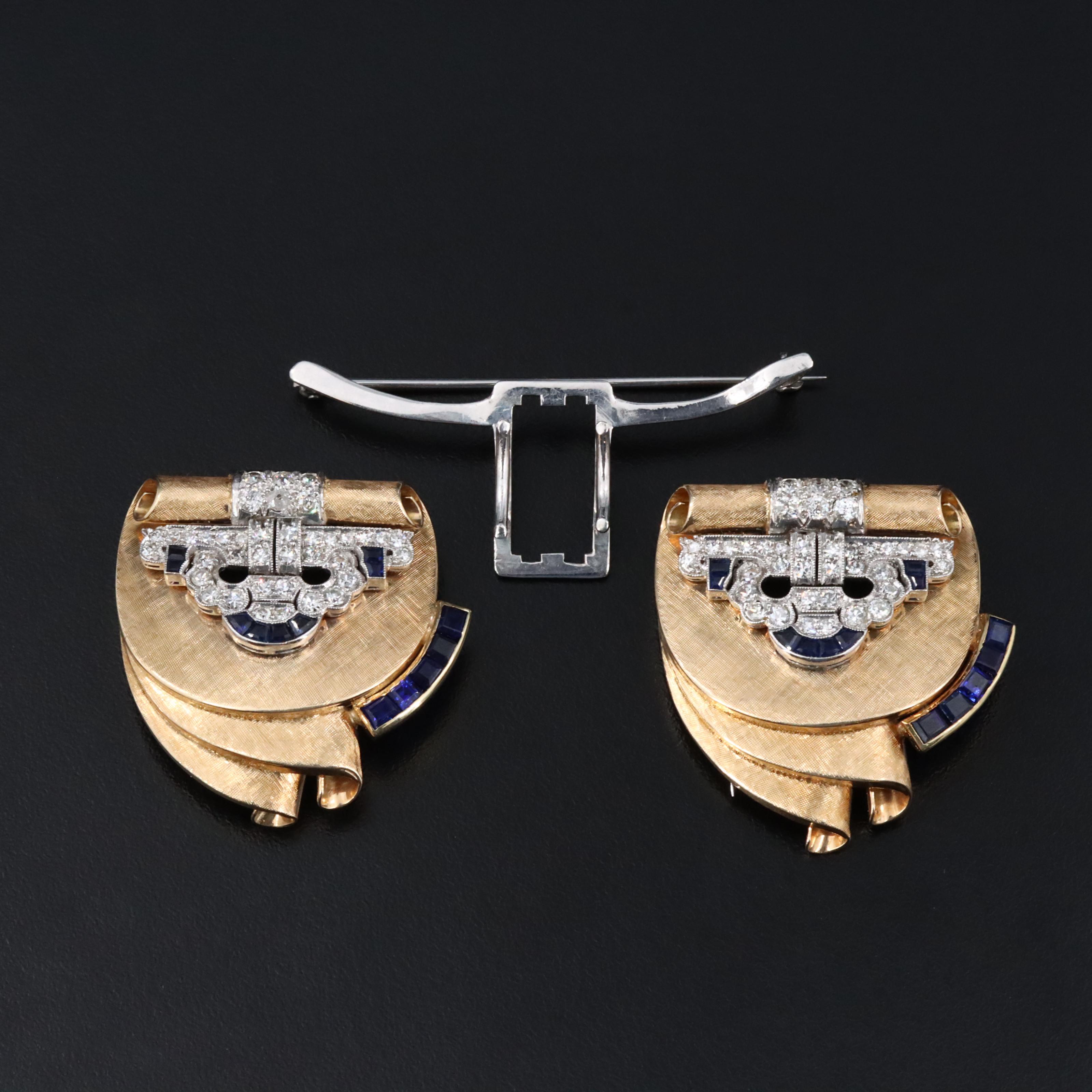 14K 0.94 CTW Diamond and Sapphire Duette Converter Brooch with Platinum Accents