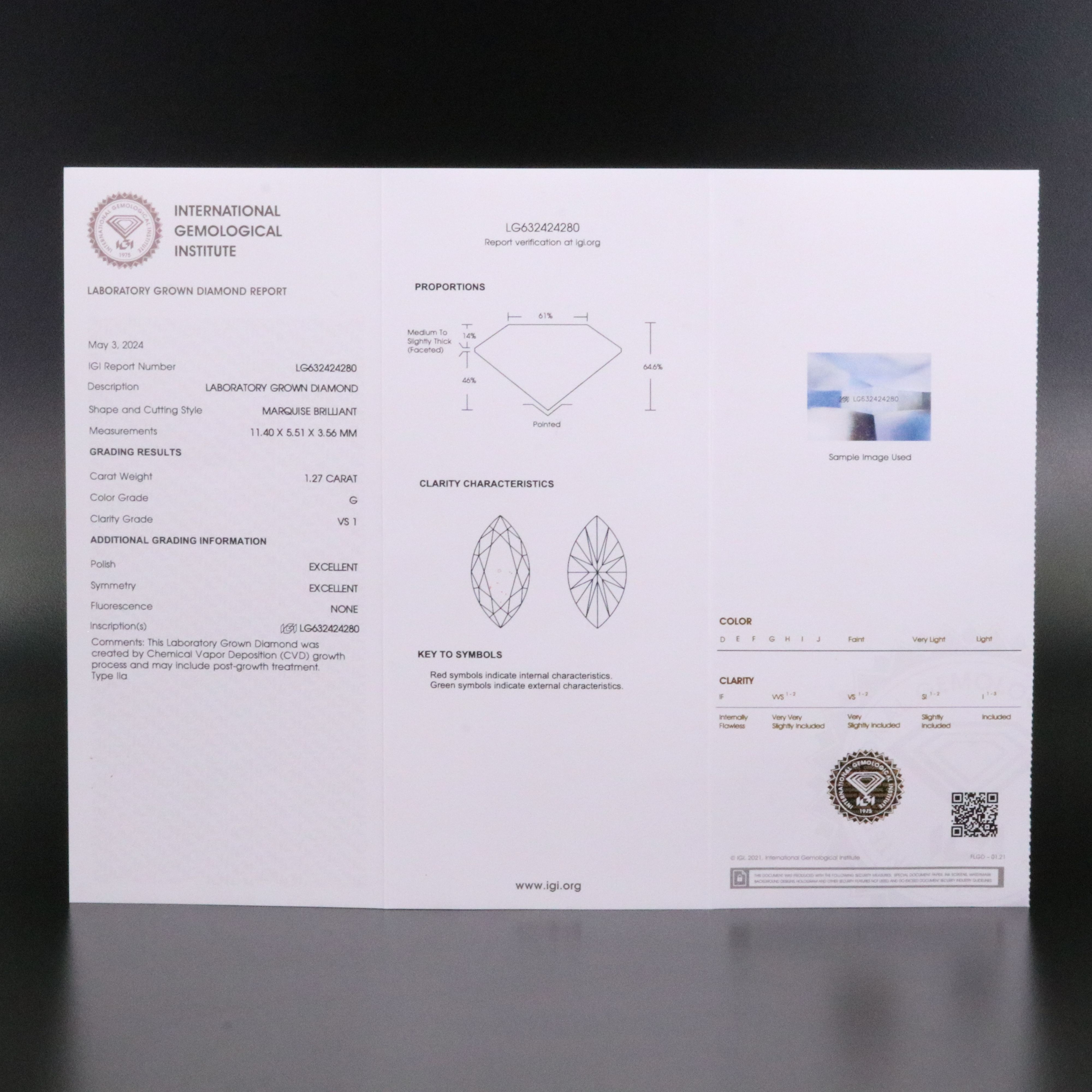 Loose 1.27 CT Lab Grown Diamond with IGI Report