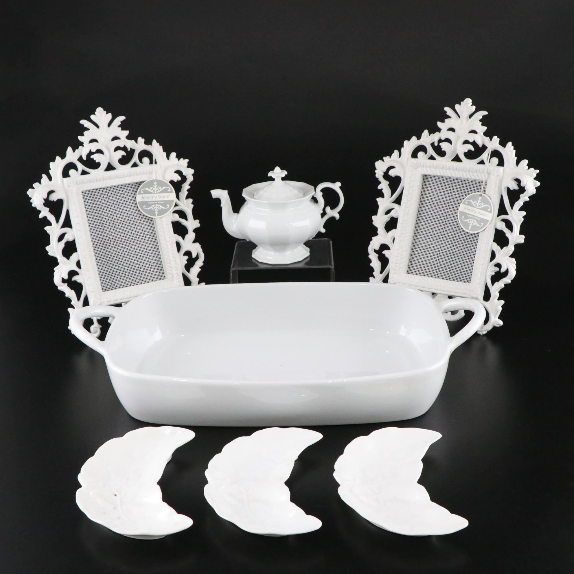 Pillvuyt Porcelain Baking Dish with Teapot, Bone Dishes, and Two Jewelry Stands