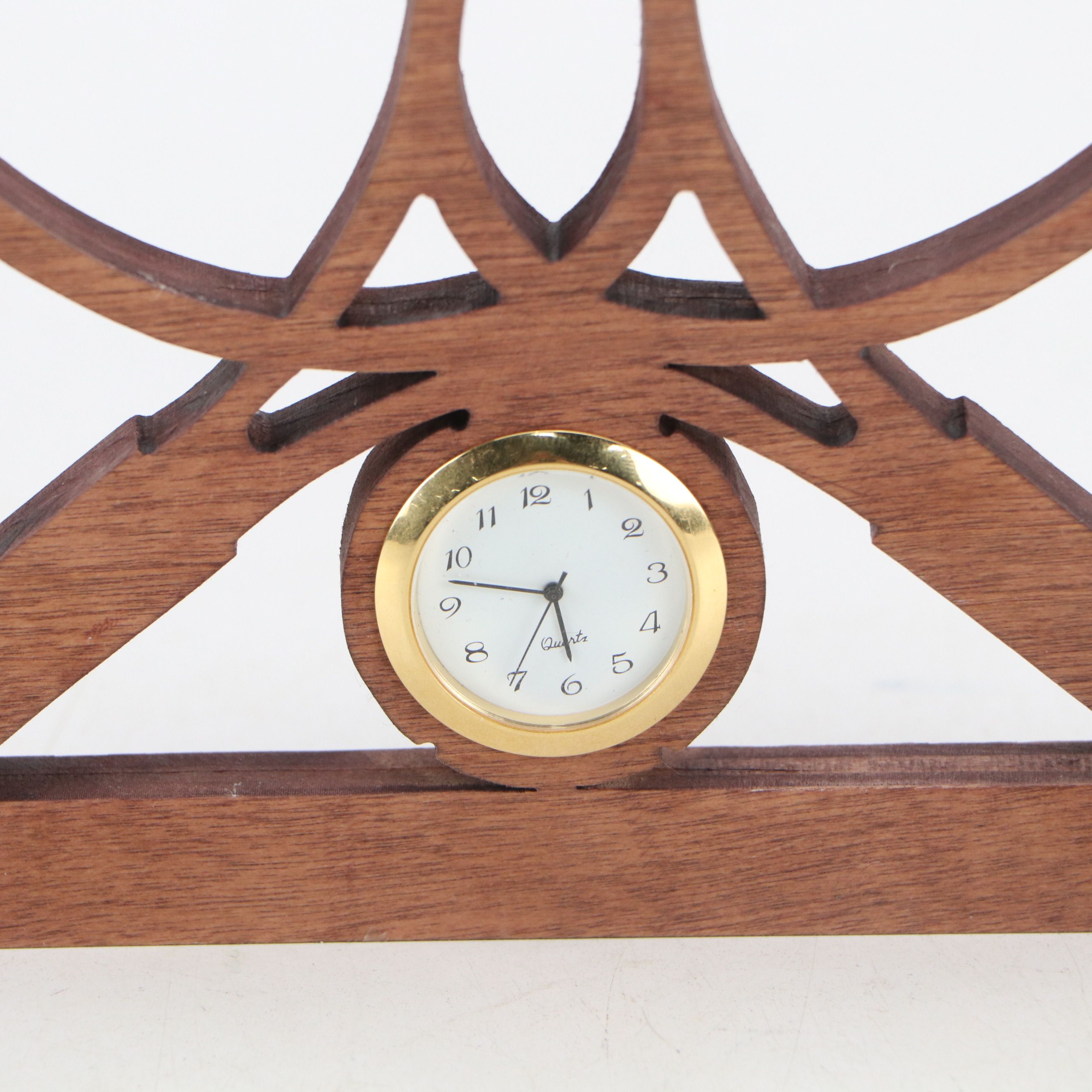 Tennis Racket Carved Wood Frame with Inset Quartz Brass Desk Clock
